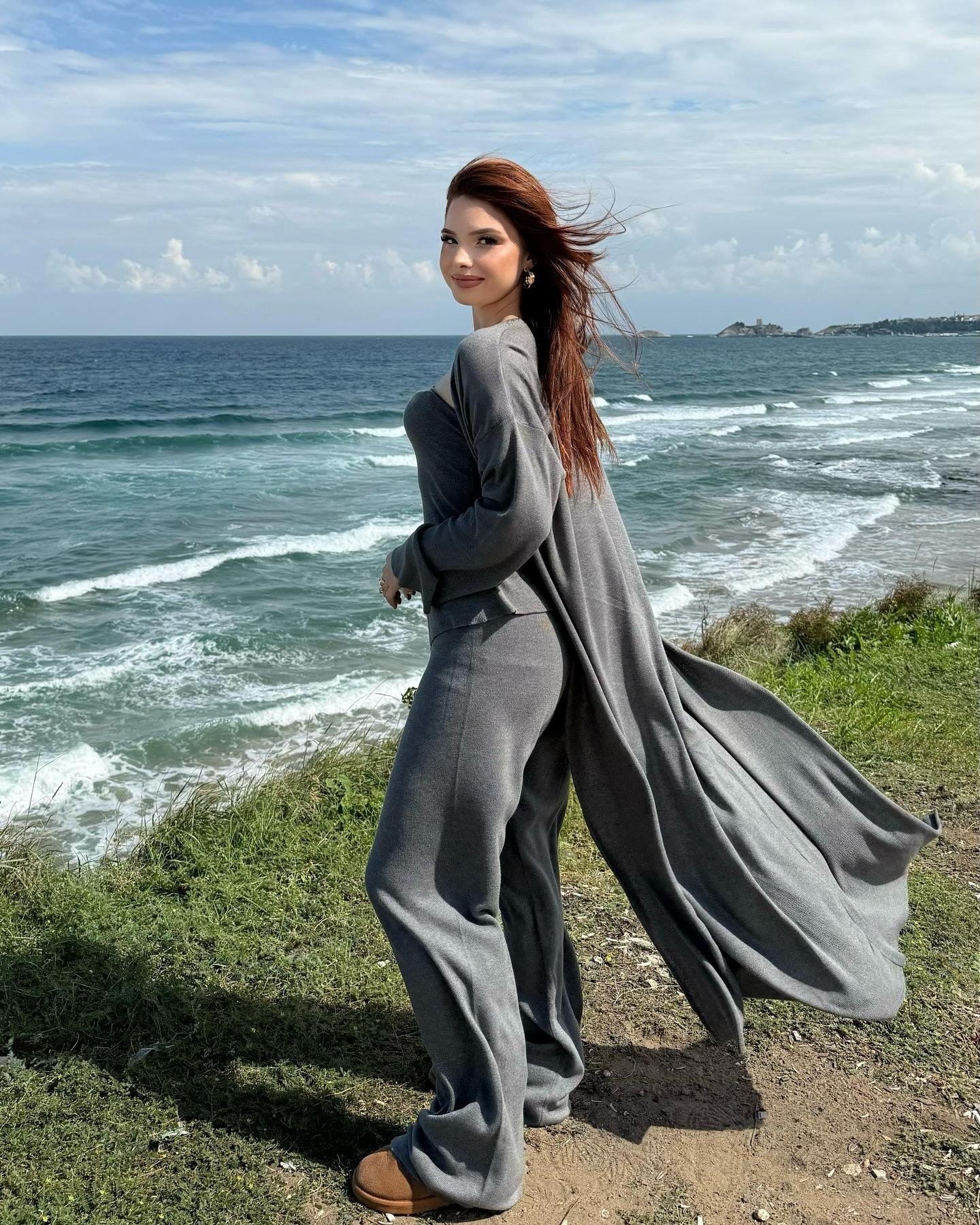 Üçlü Hırka Triko Takım Gri