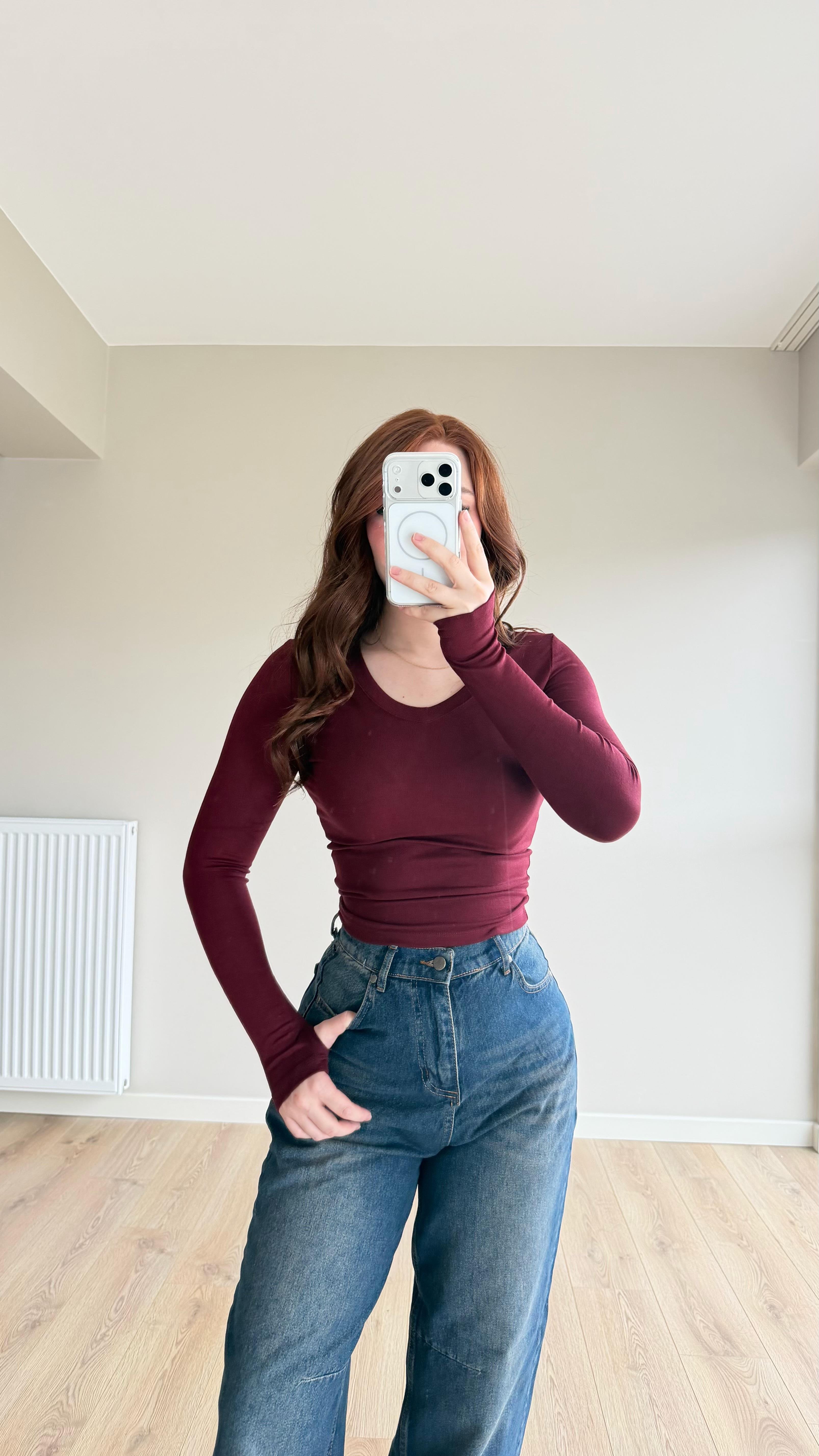 V yaka Parmak Geçirmeli Uzun Kol Crop Bordo