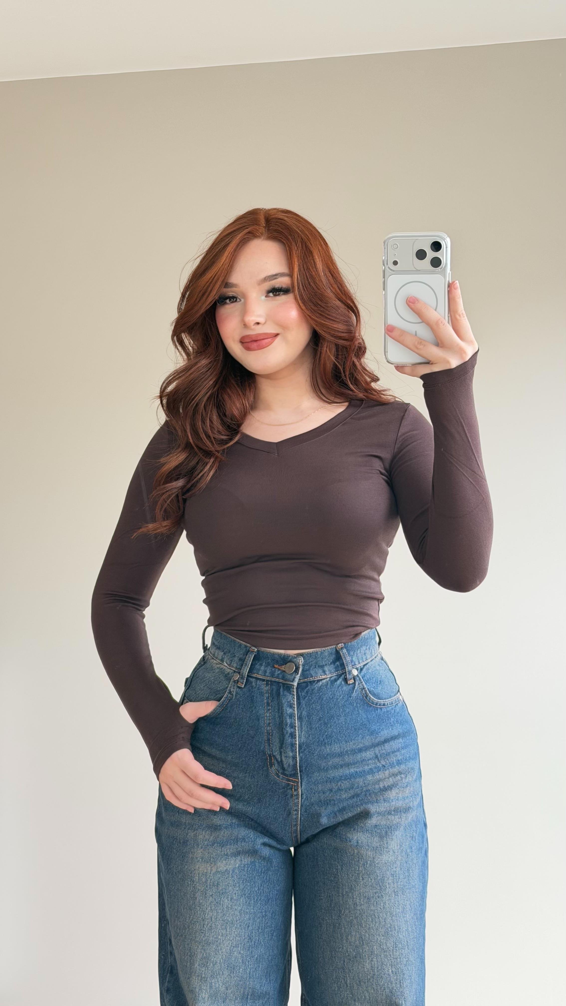 V yaka Parmak Geçirmeli Uzun Kol Crop Kahverengi
