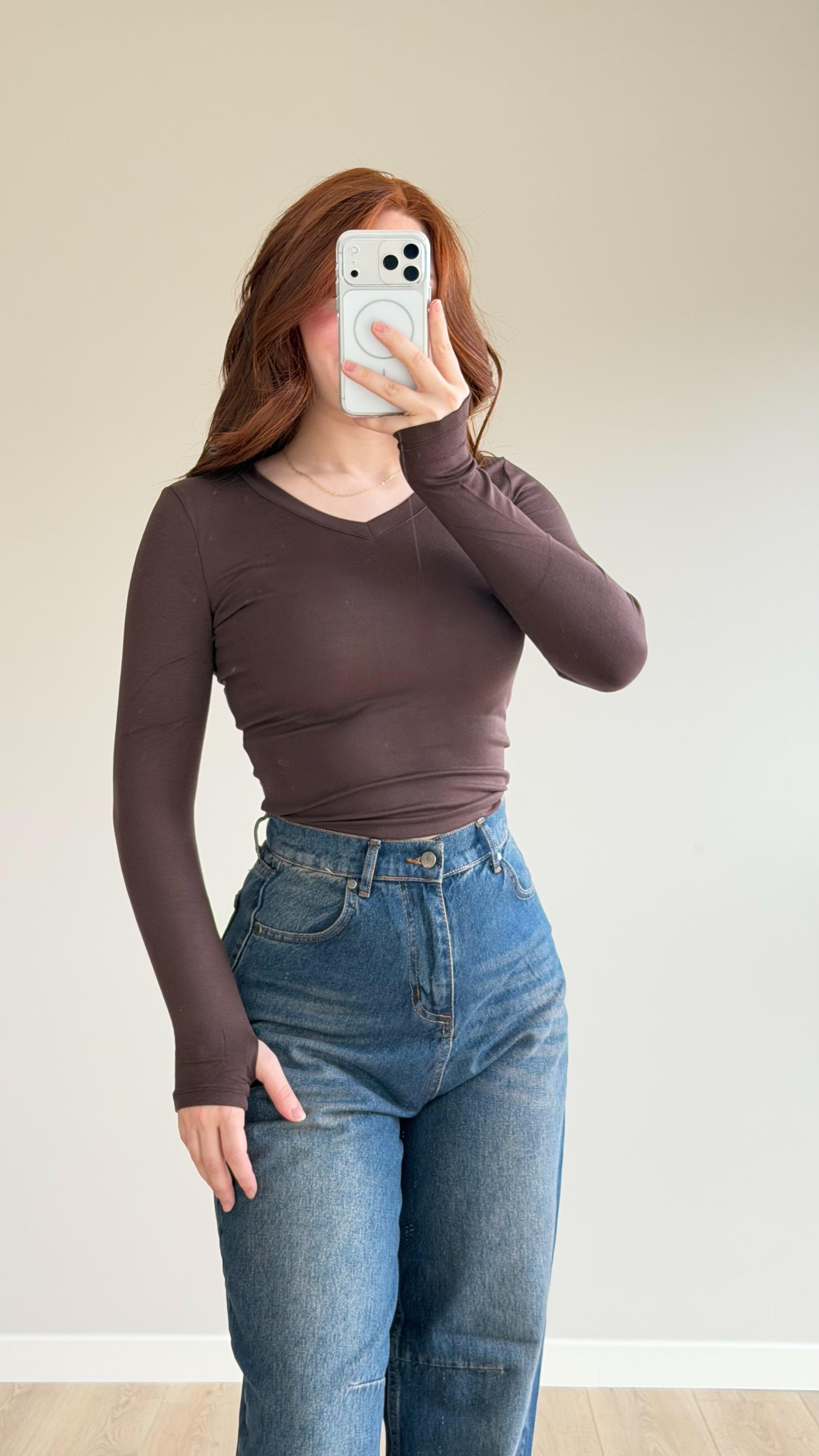 V yaka Parmak Geçirmeli Uzun Kol Crop Kahverengi