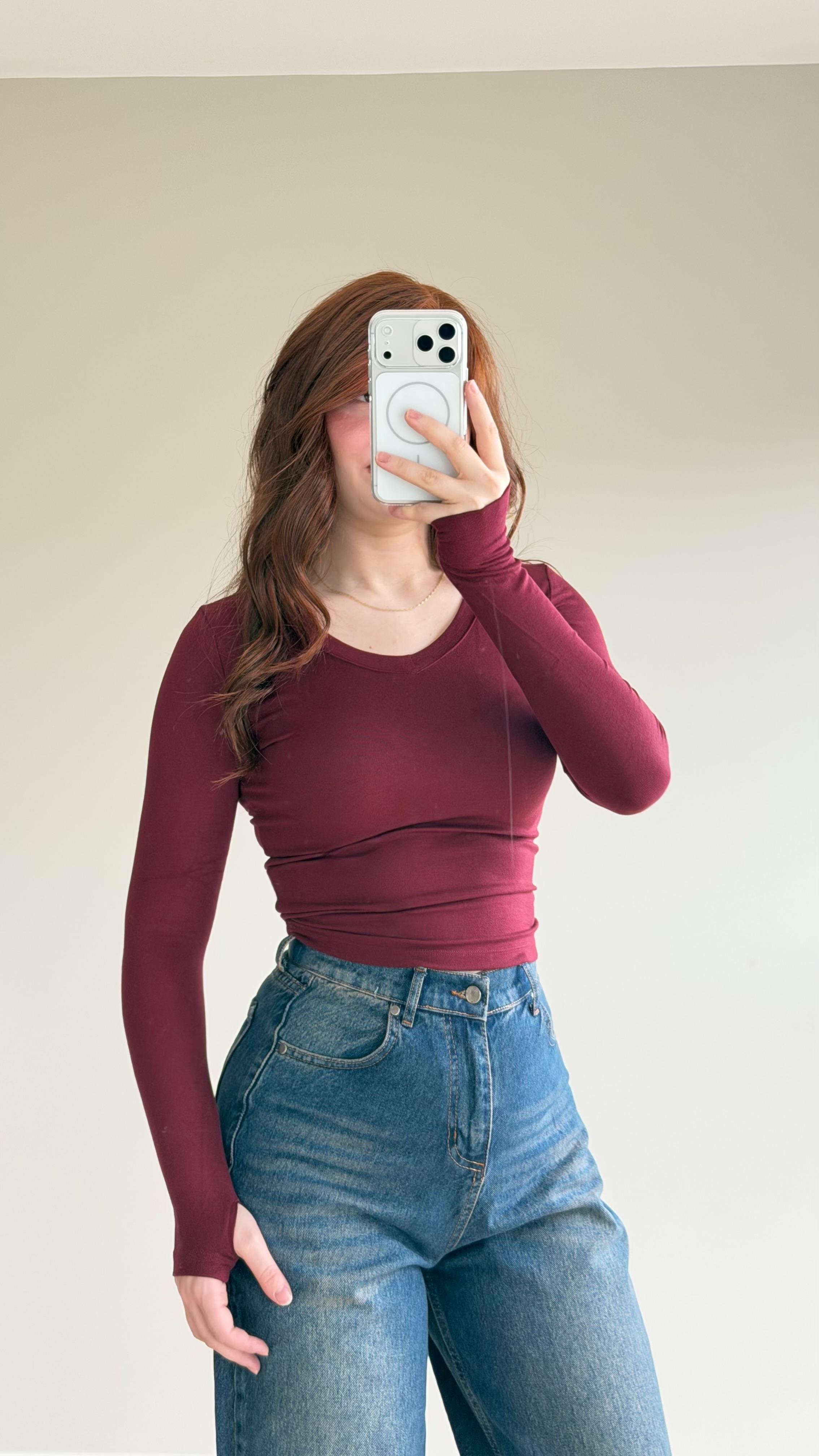 V yaka Parmak Geçirmeli Uzun Kol Crop Bordo