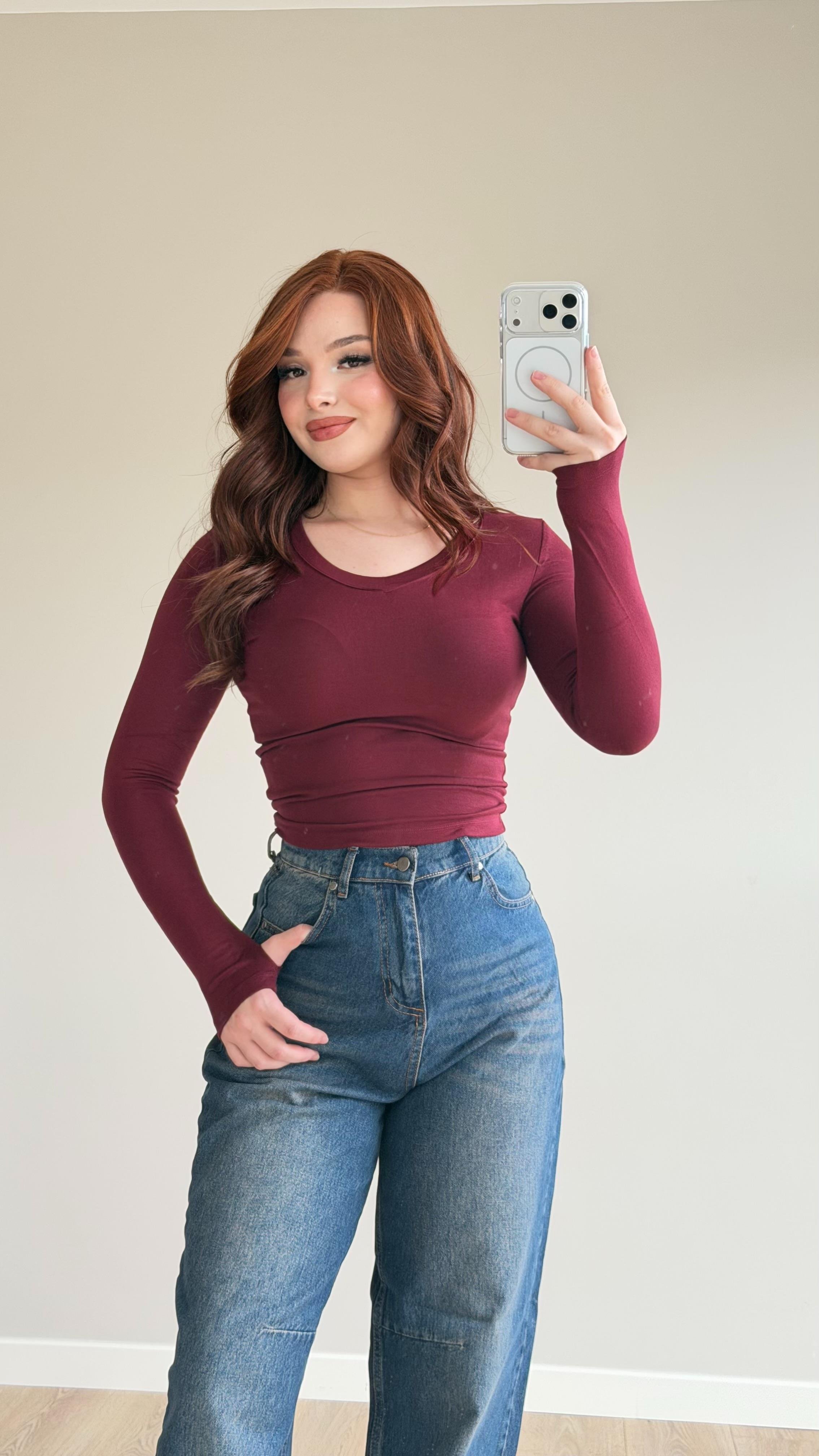 V yaka Parmak Geçirmeli Uzun Kol Crop Bordo