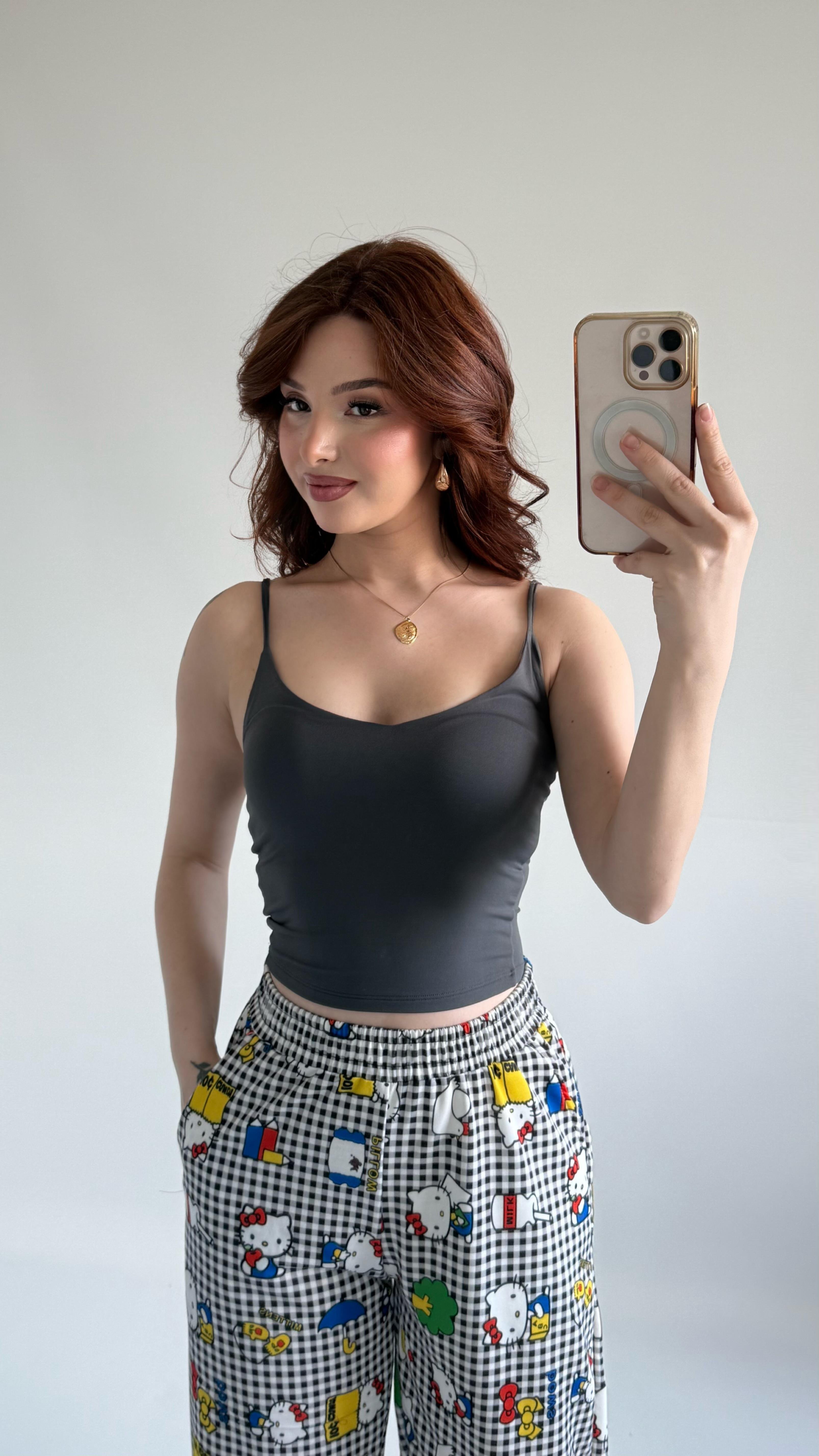 V Yaka Polyamid Crop Gri