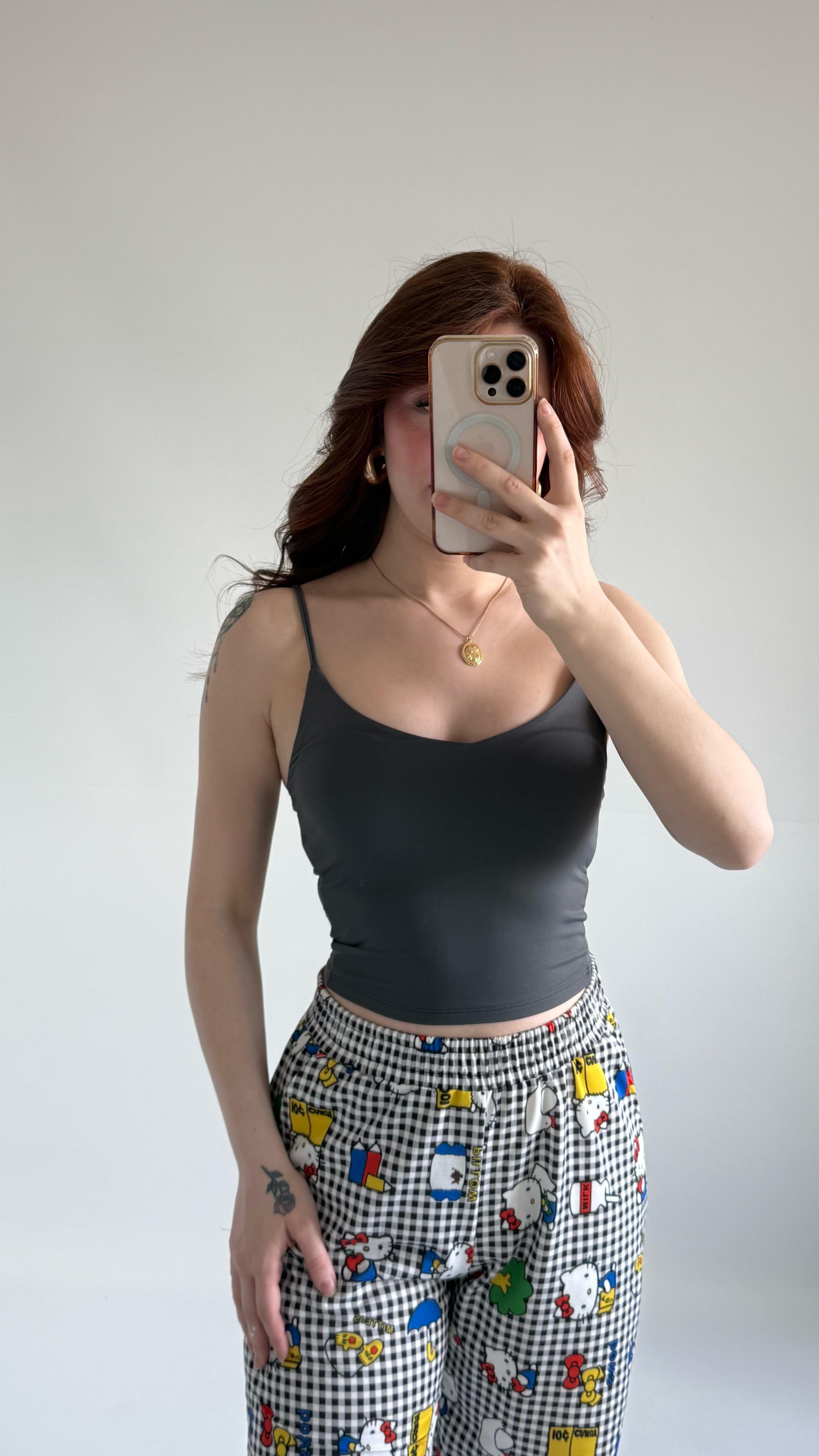 V Yaka Polyamid Crop Gri