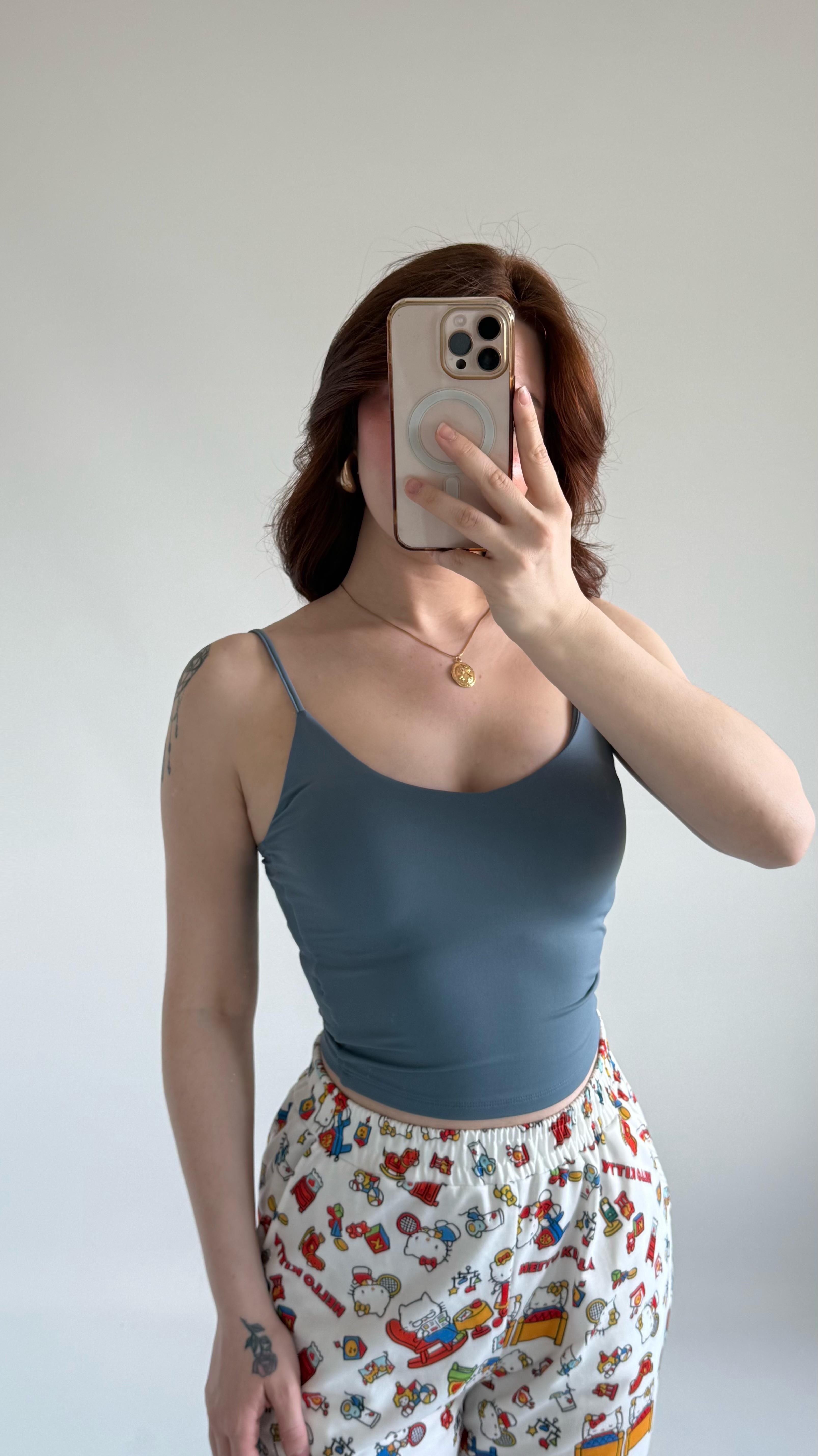 V Yaka Polyamid Crop İndigo