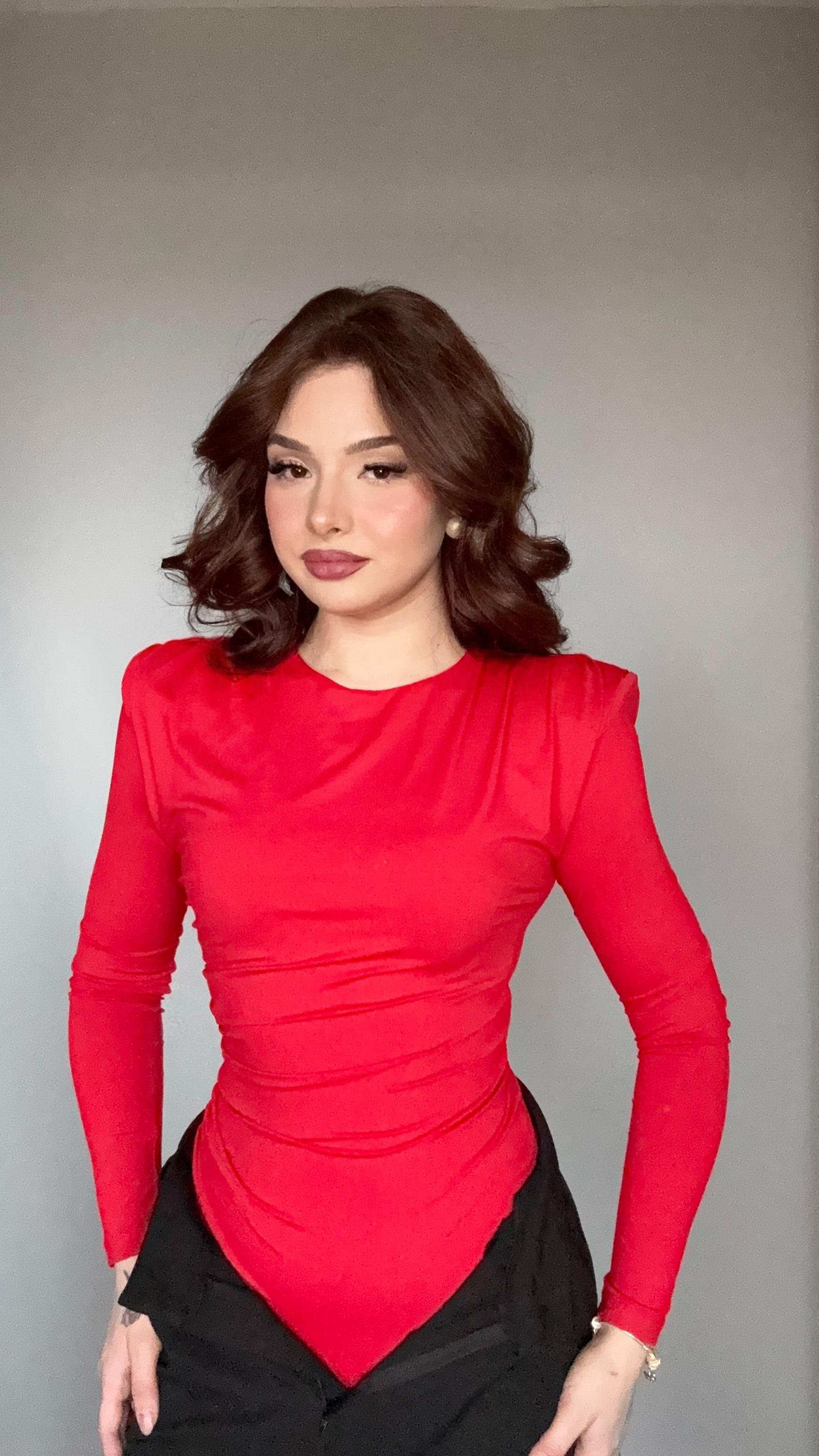 Vatkalı Drape Detaylı Bodysuit Kırmızı