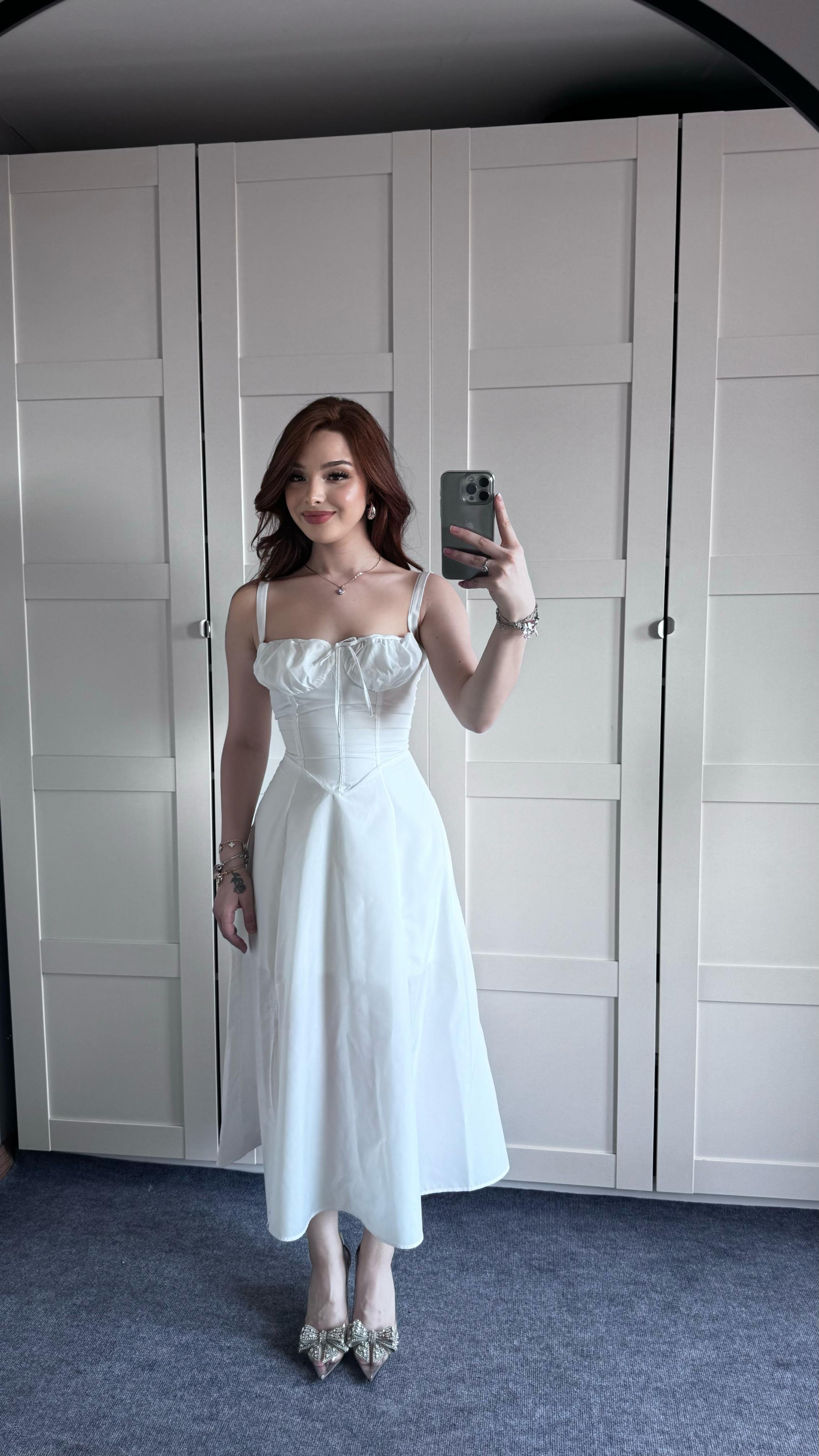 Veronica Beyaz Korse Askılı Elbise 