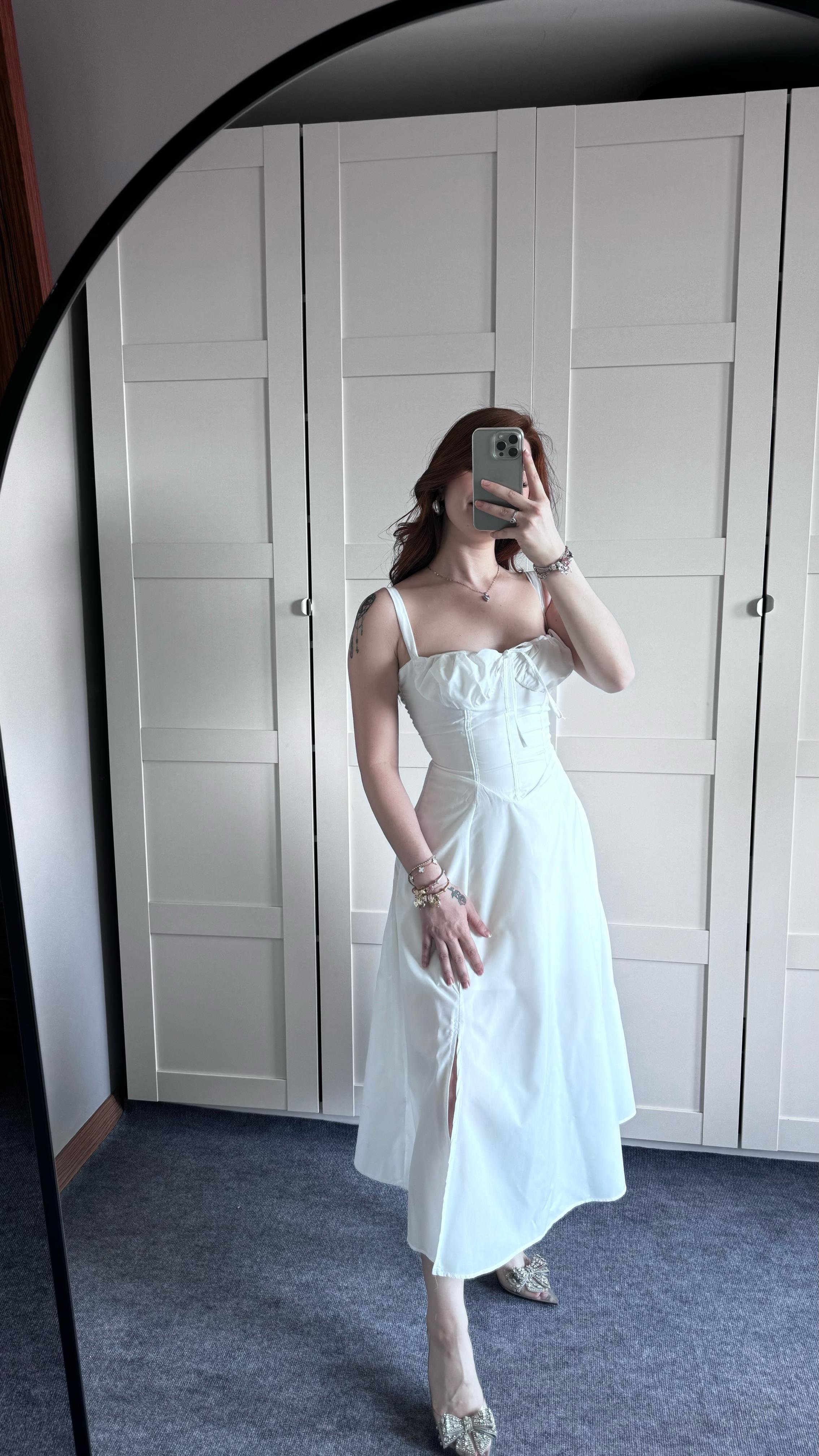 Veronica Beyaz Korse Askılı Elbise 