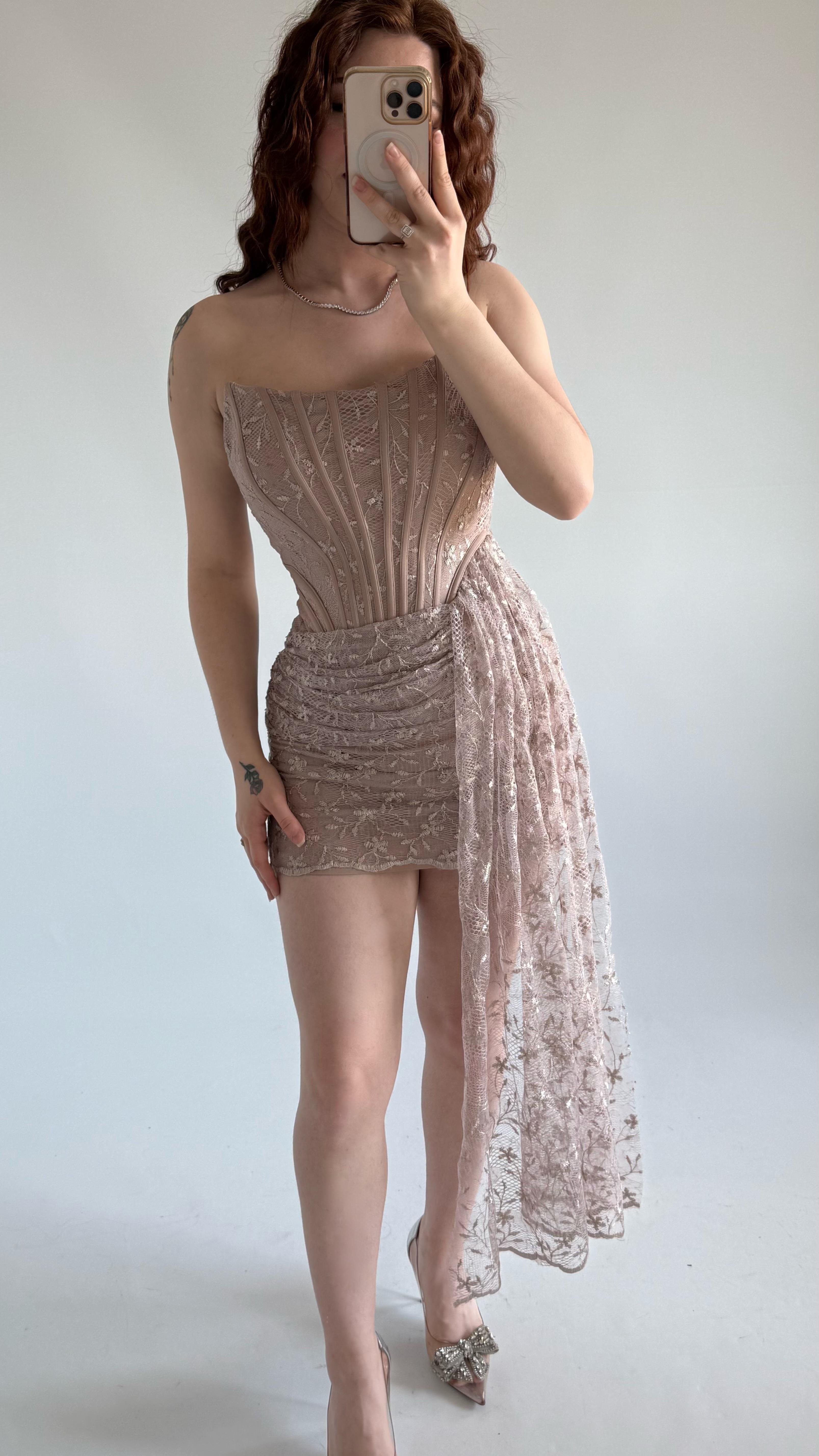 Victoria Dantel Mini Abiye Bej