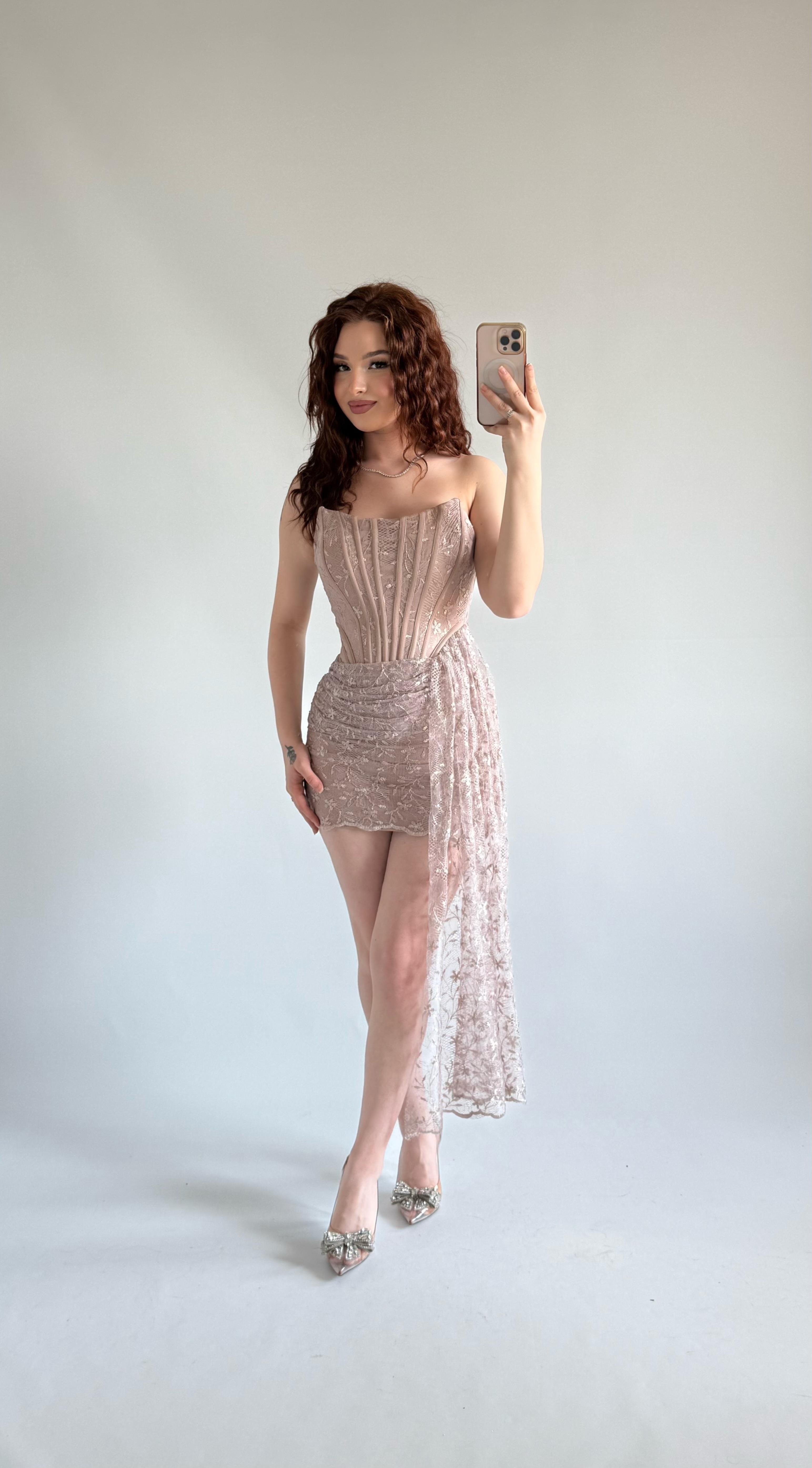 Victoria Dantel Mini Abiye Bej