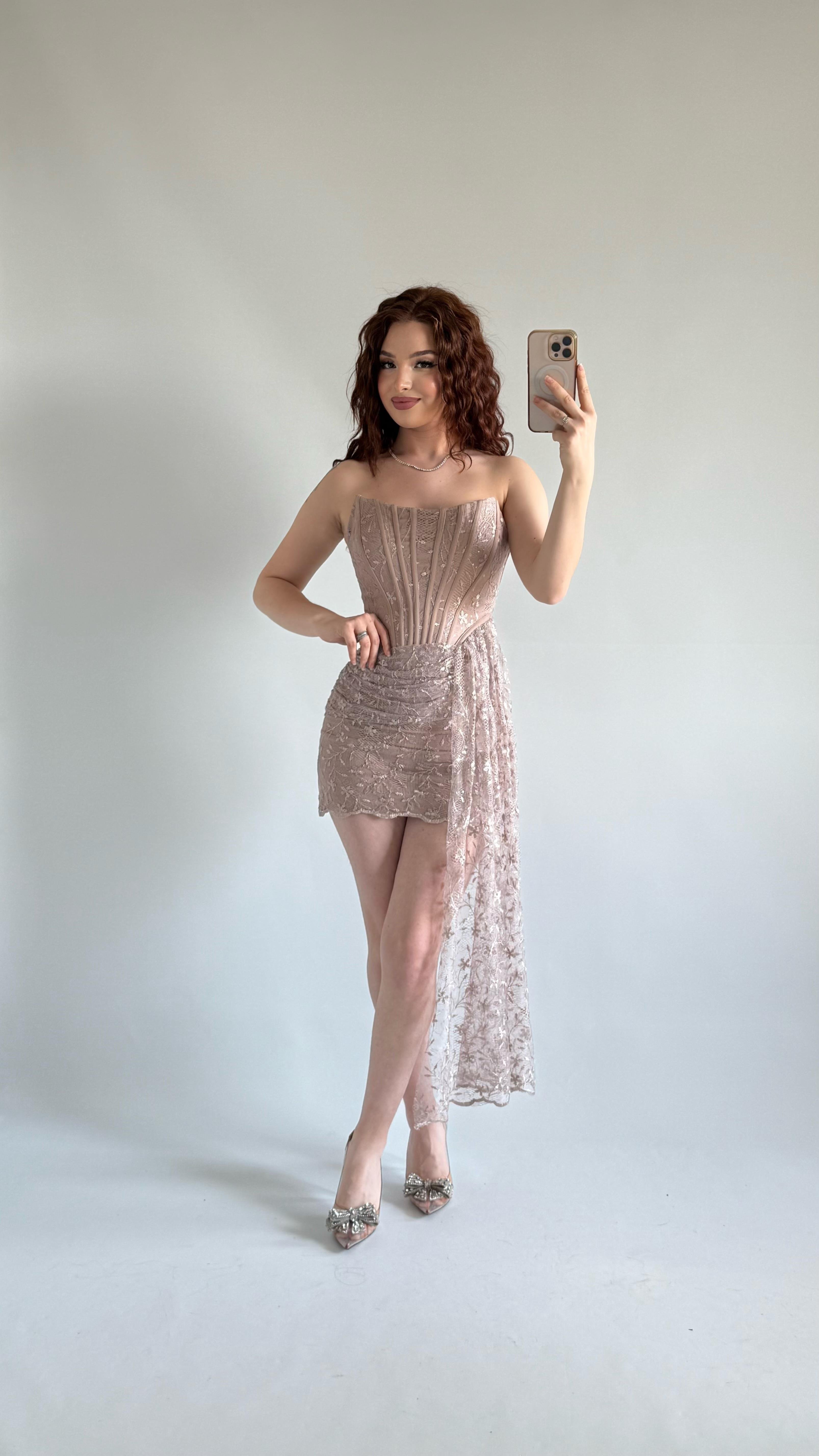 Victoria Dantel Mini Abiye Bej