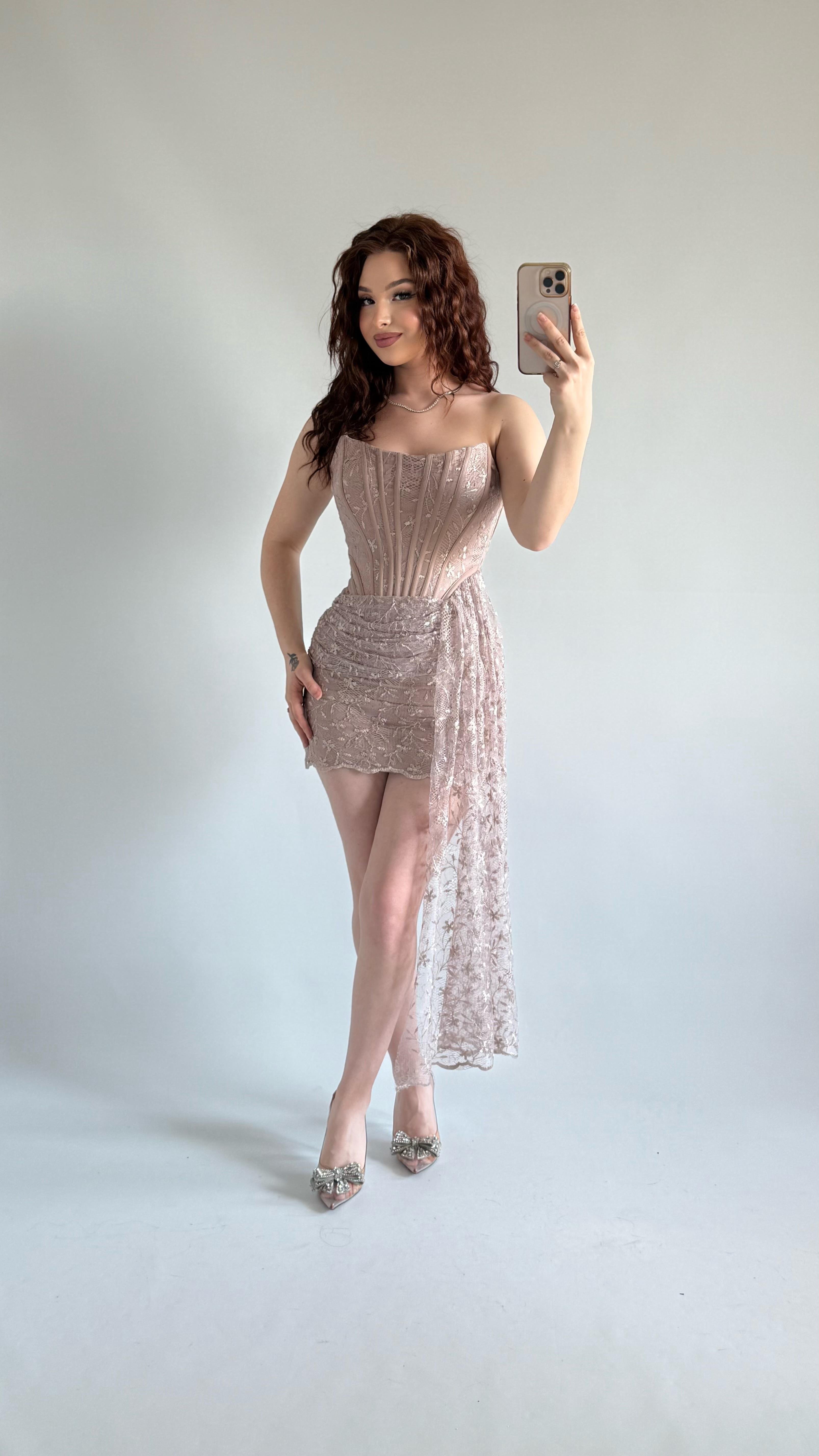 Victoria Dantel Mini Abiye Bej