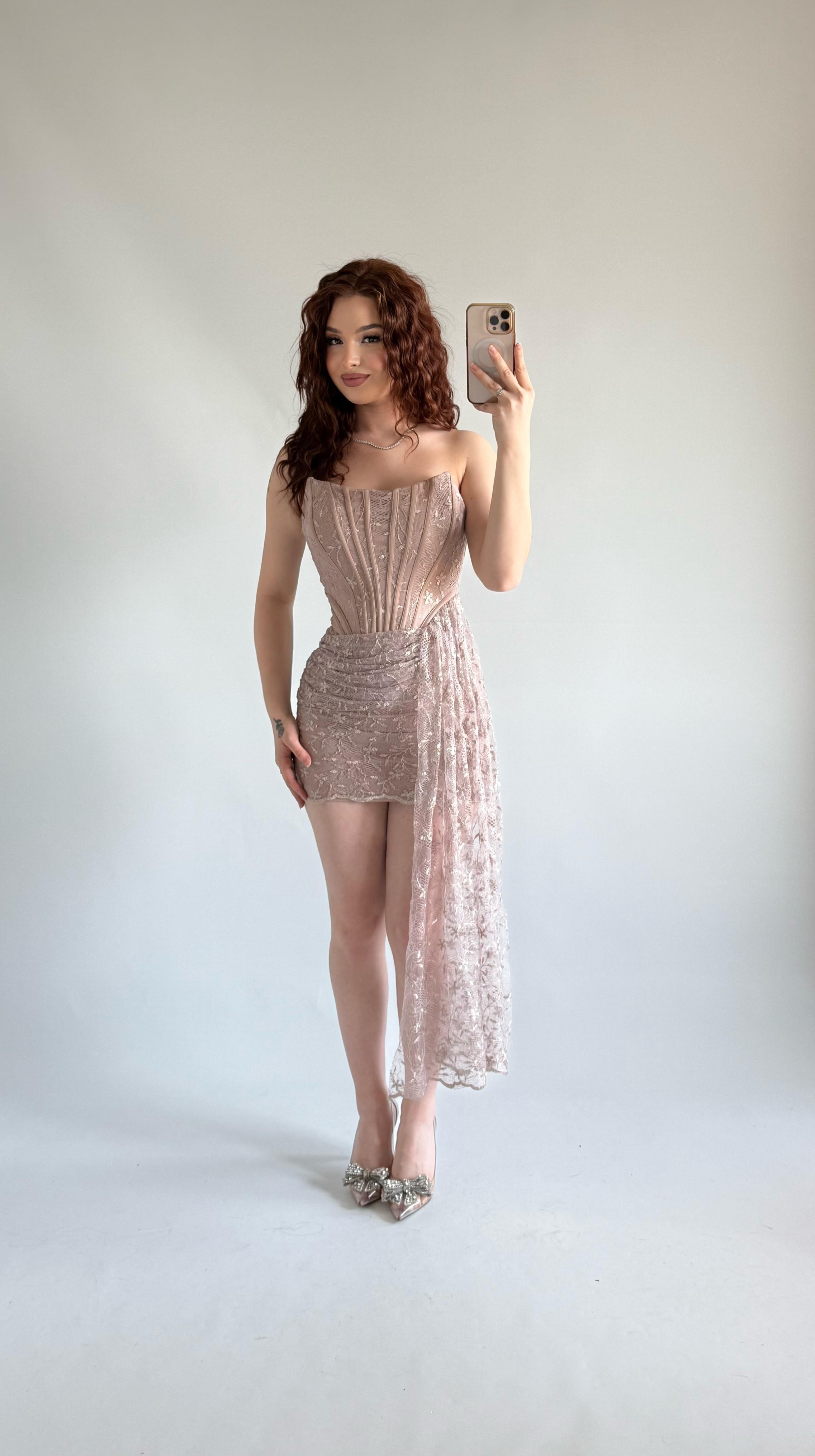 Victoria Dantel Mini Abiye Bej