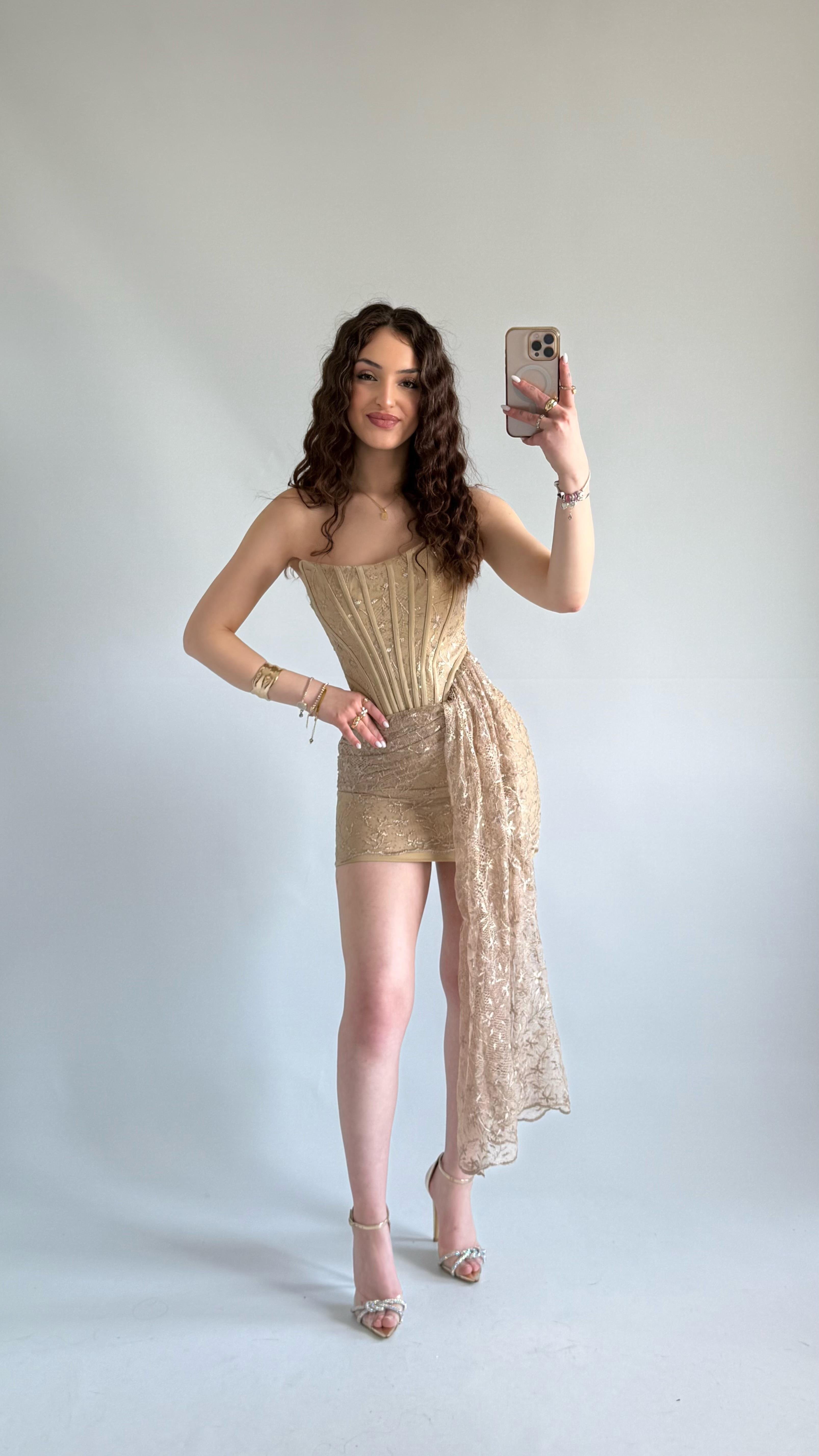 Victoria Dantel Mini Abiye Gold