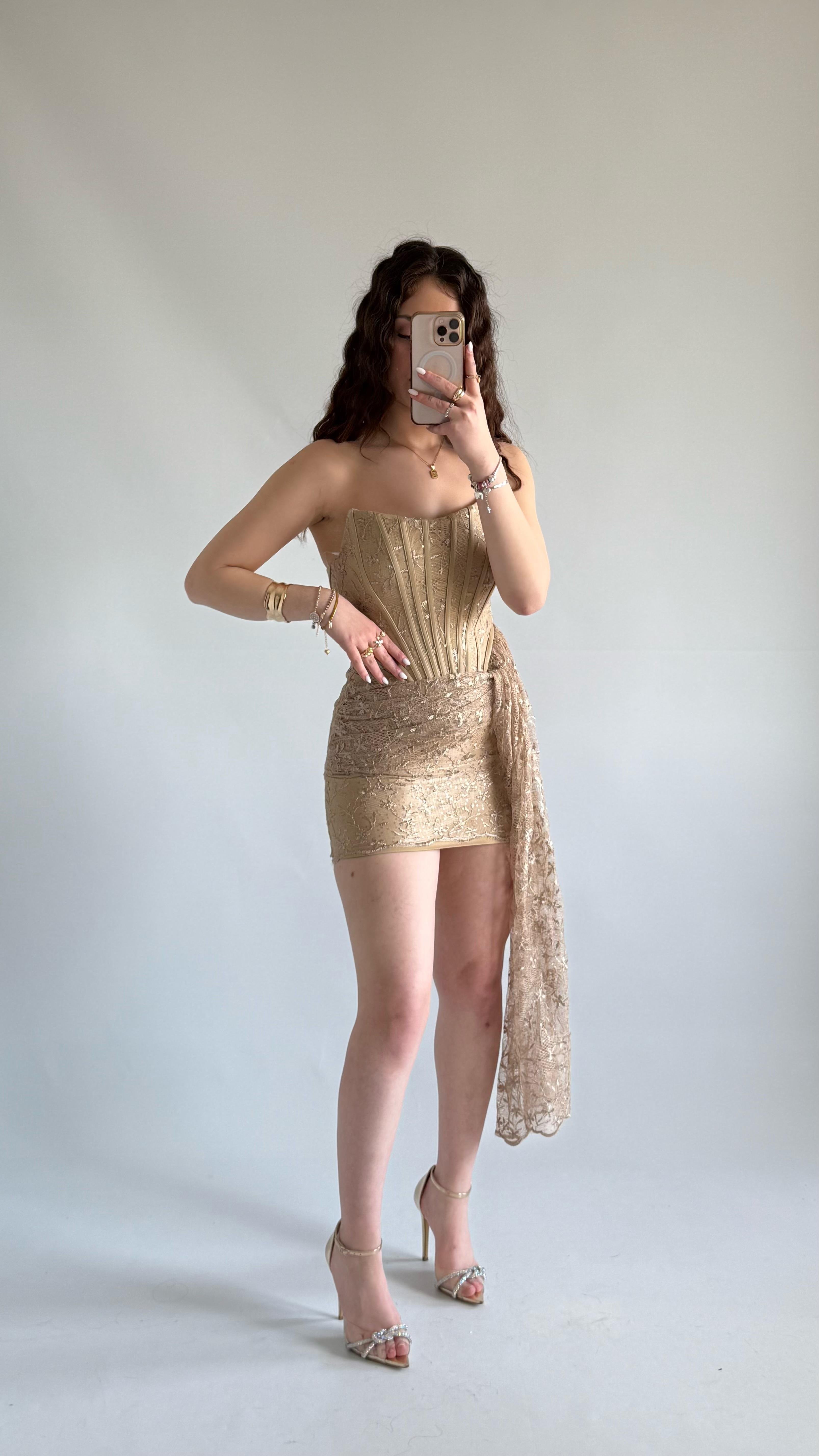 Victoria Dantel Mini Abiye Gold