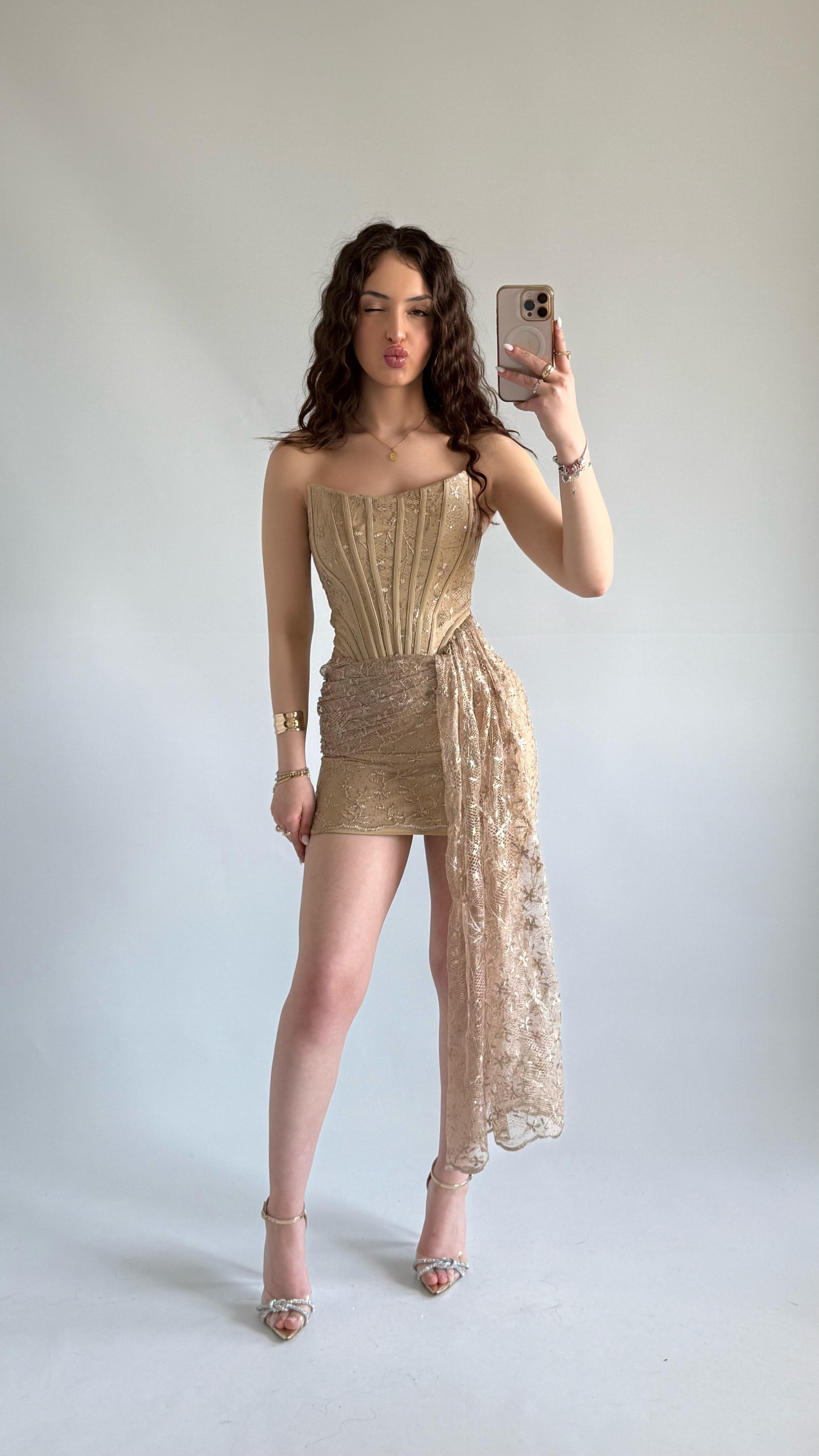 Victoria Dantel Mini Abiye Gold