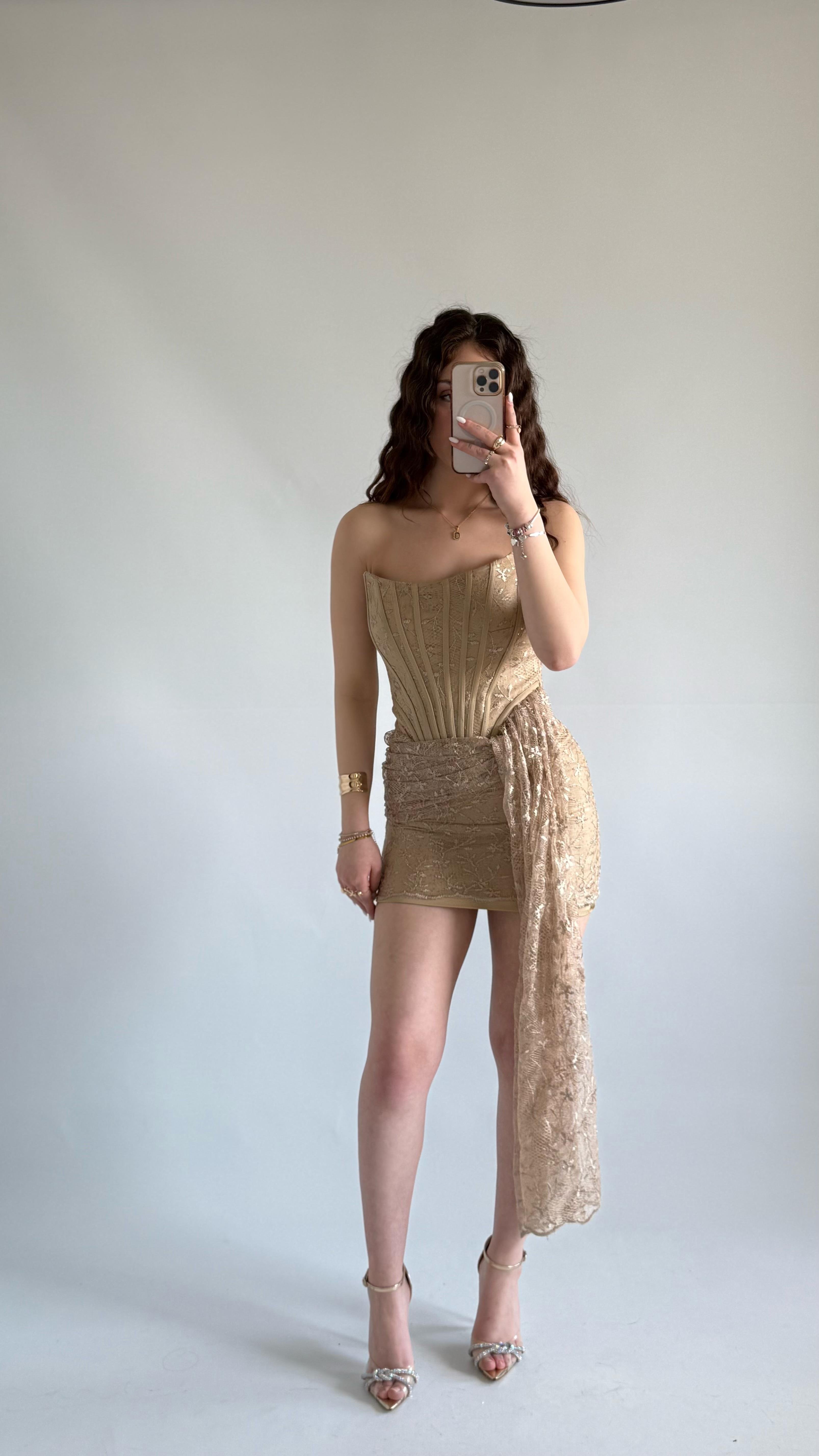 Victoria Dantel Mini Abiye Gold