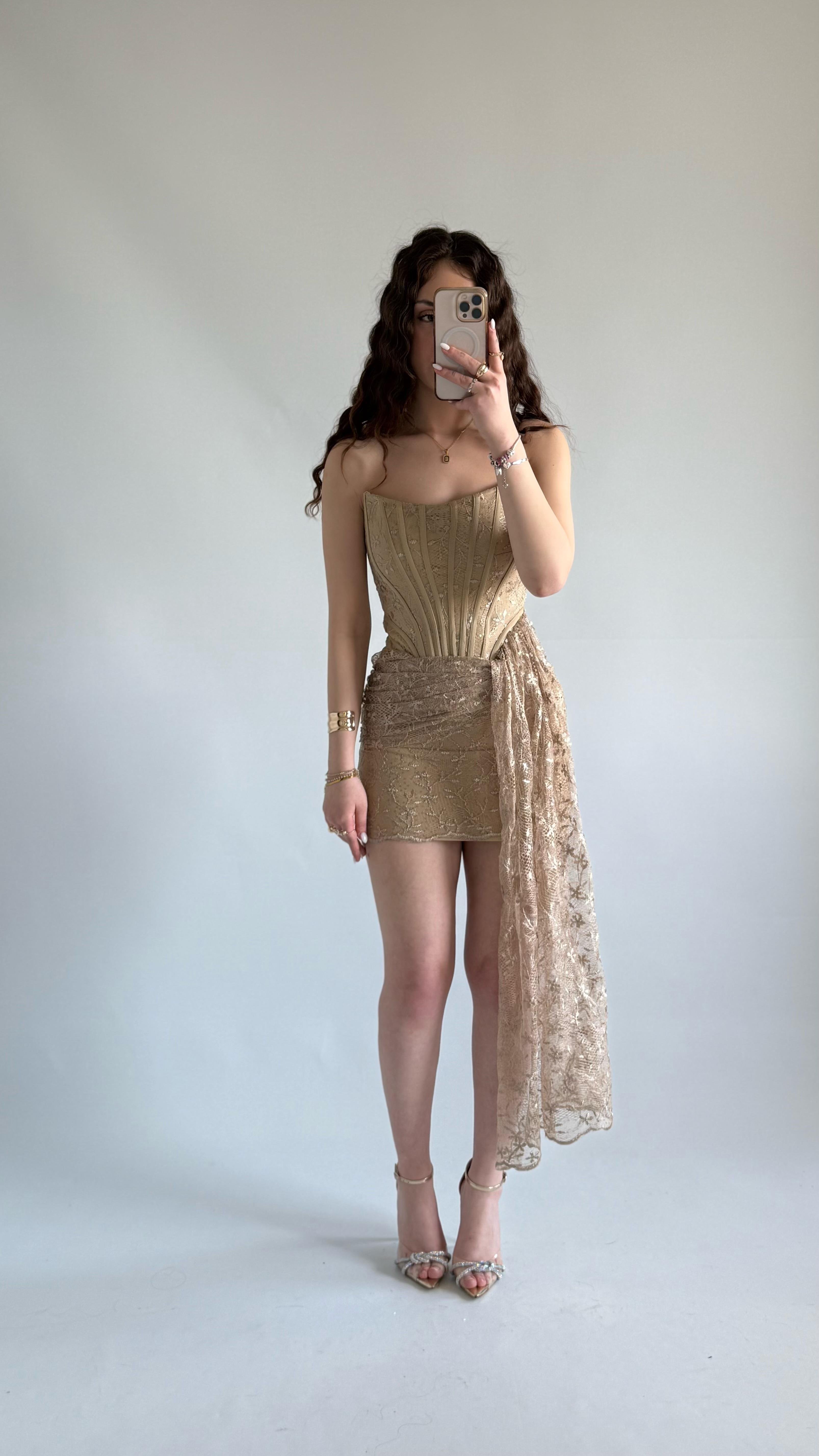 Victoria Dantel Mini Abiye Gold