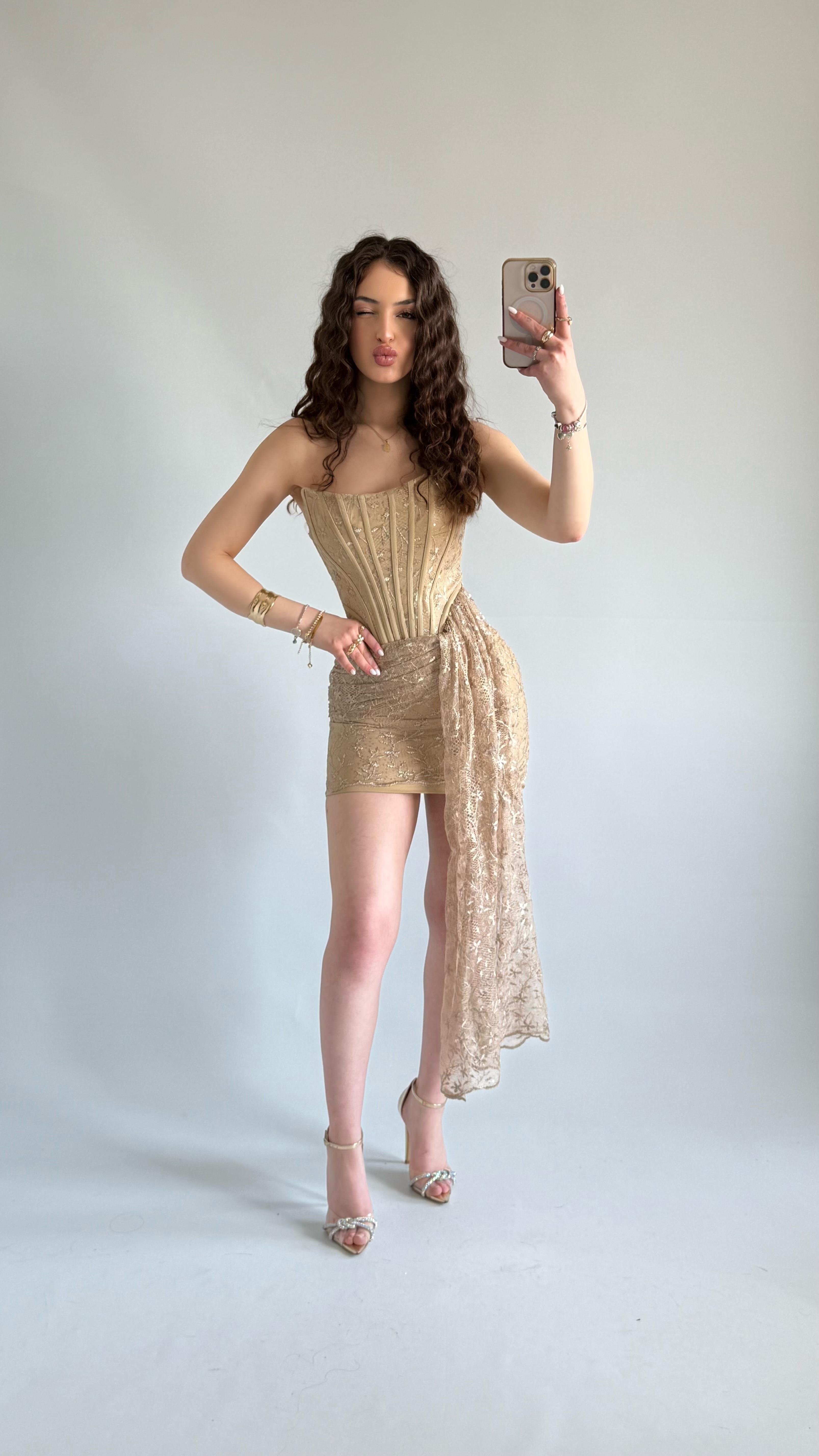 Victoria Dantel Mini Abiye Gold