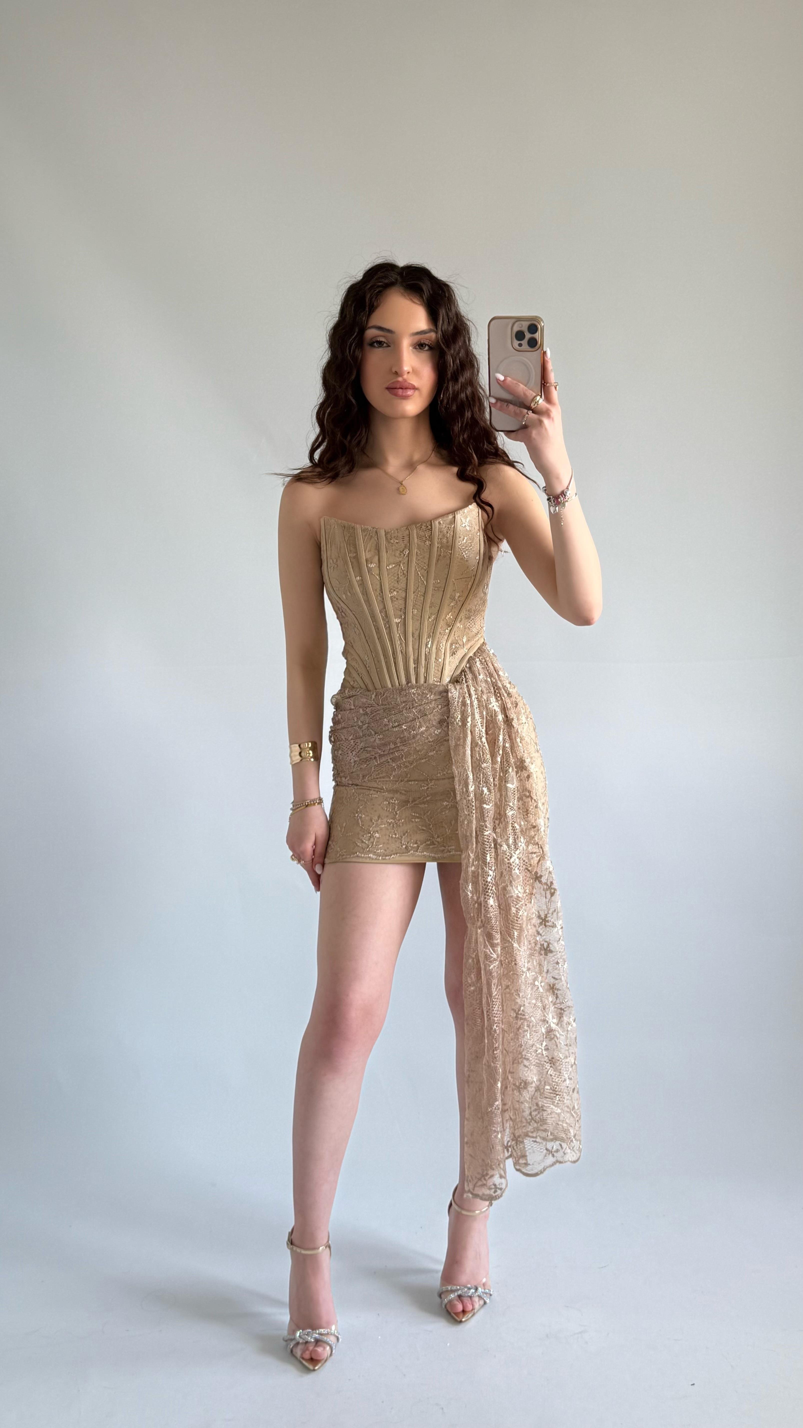 Victoria Dantel Mini Abiye Gold
