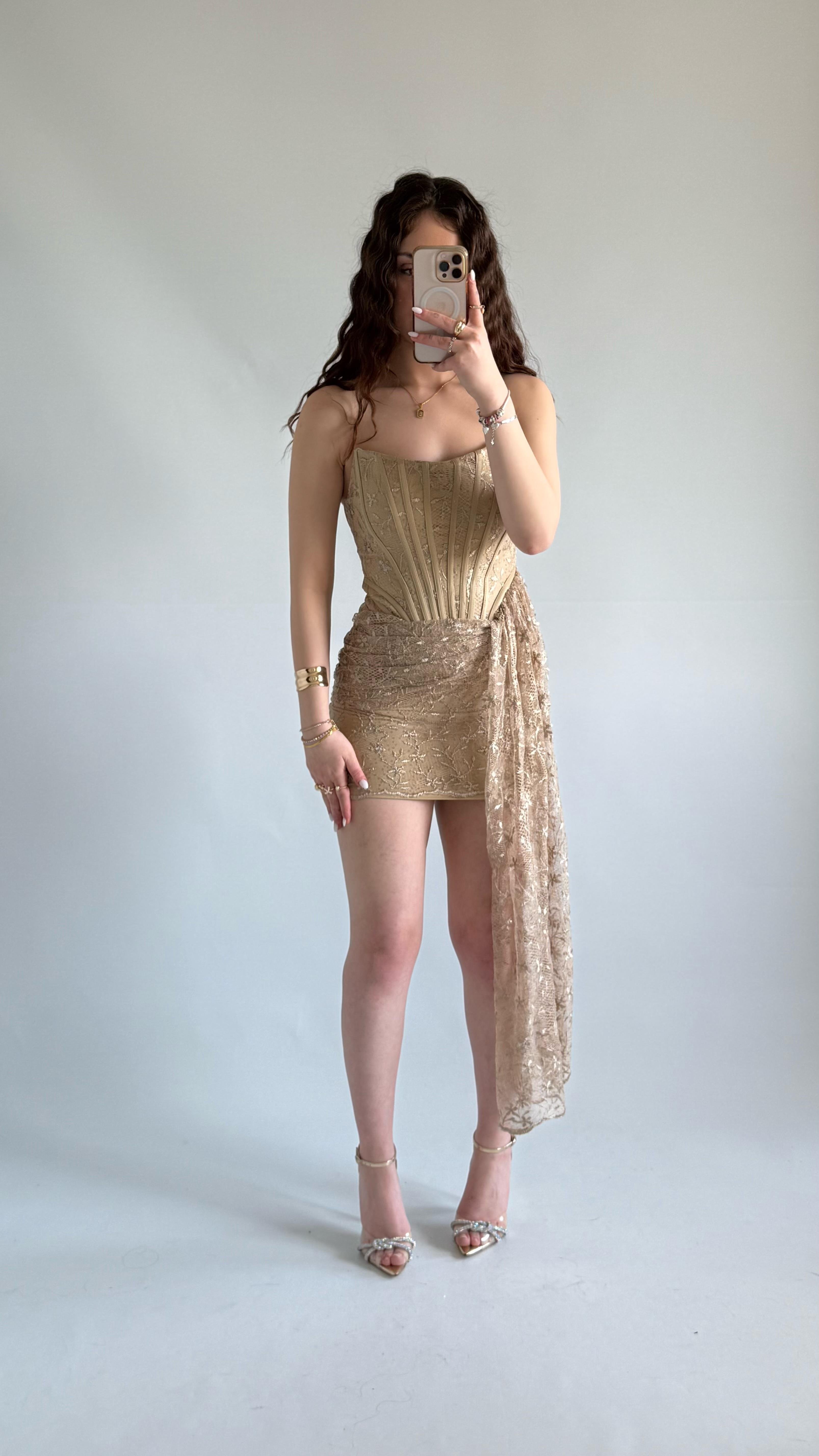 Victoria Dantel Mini Abiye Gold