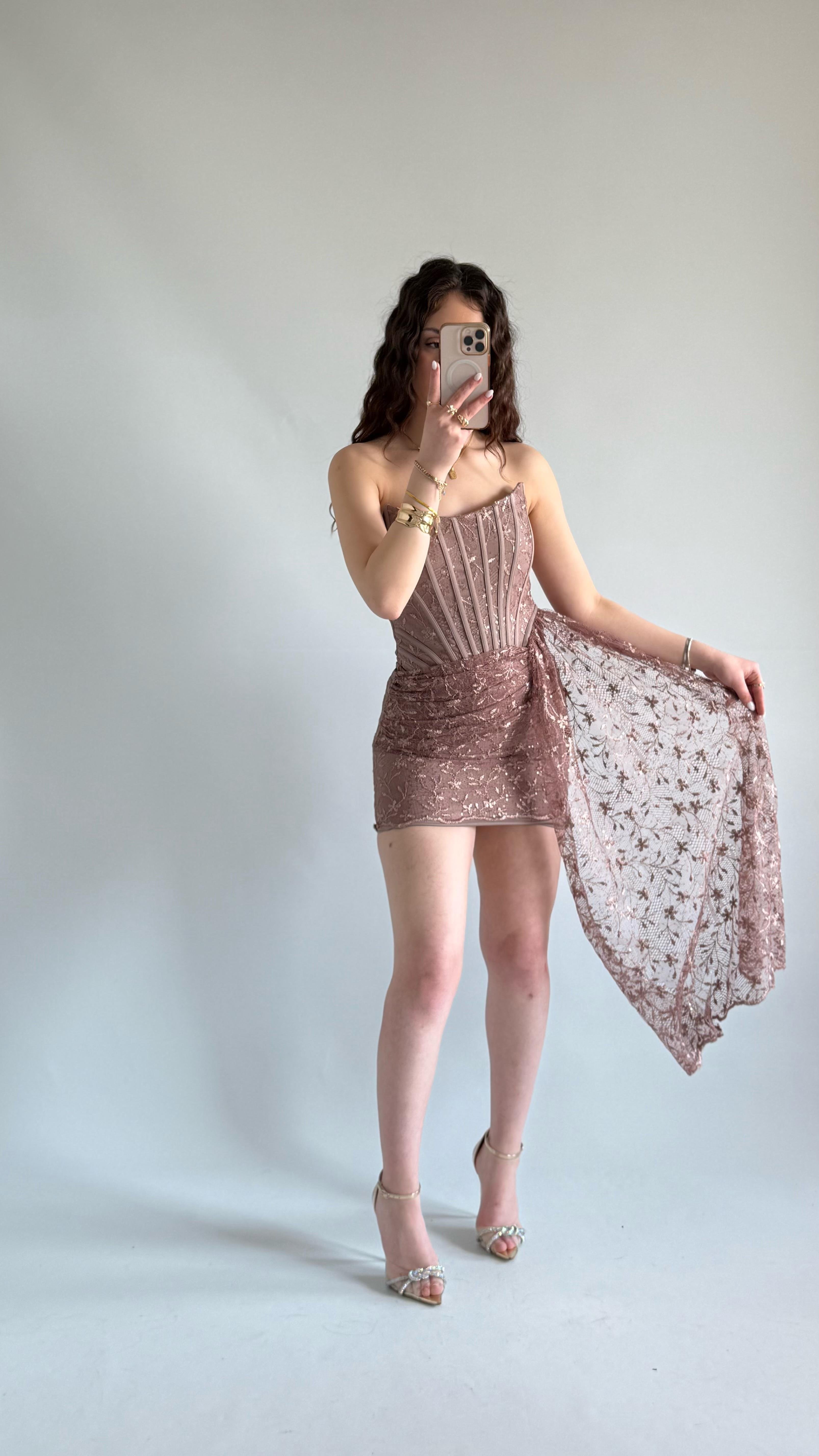 Victoria Dantel Mini Abiye Kahverengi