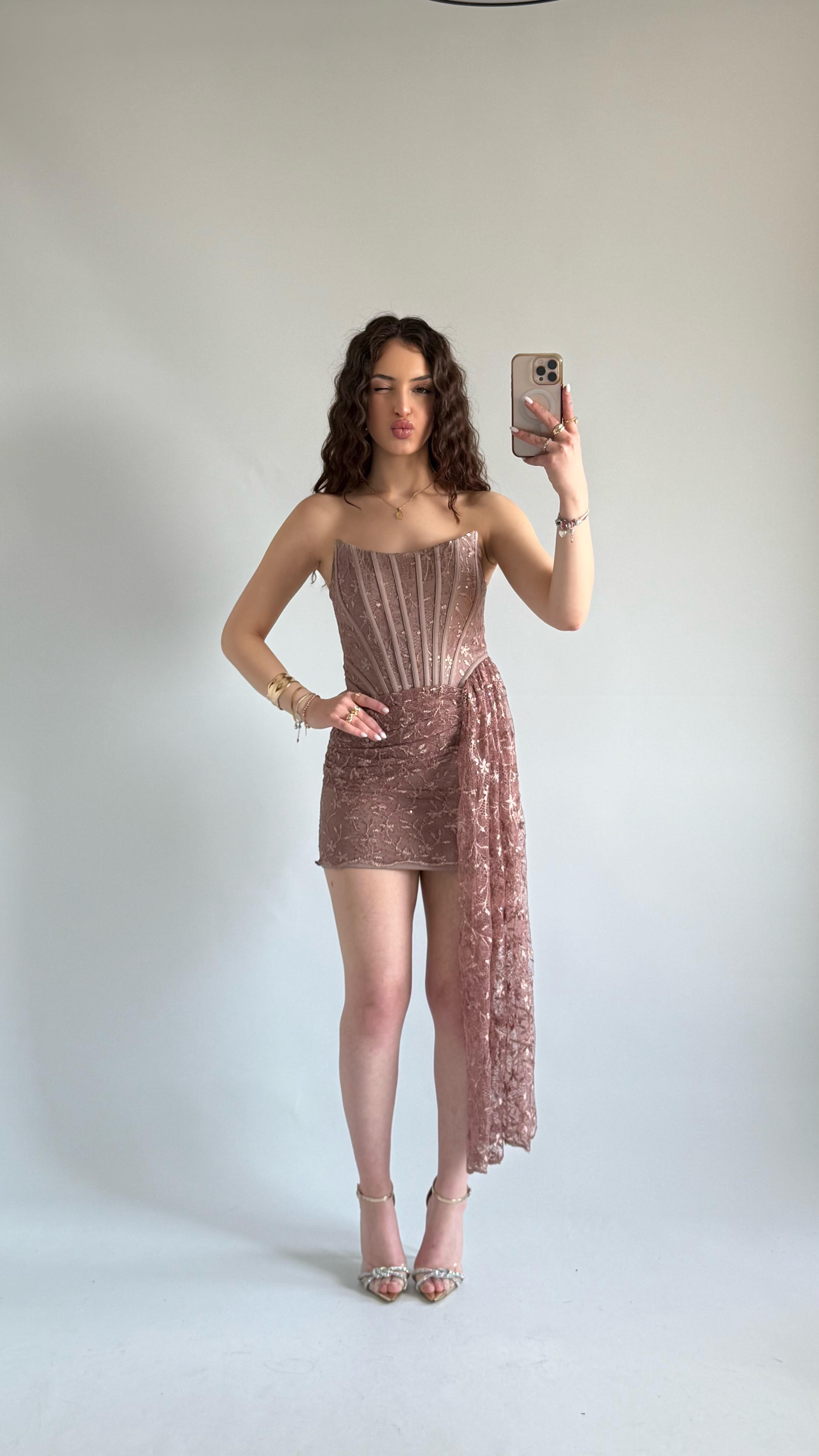 Victoria Dantel Mini Abiye Kahverengi