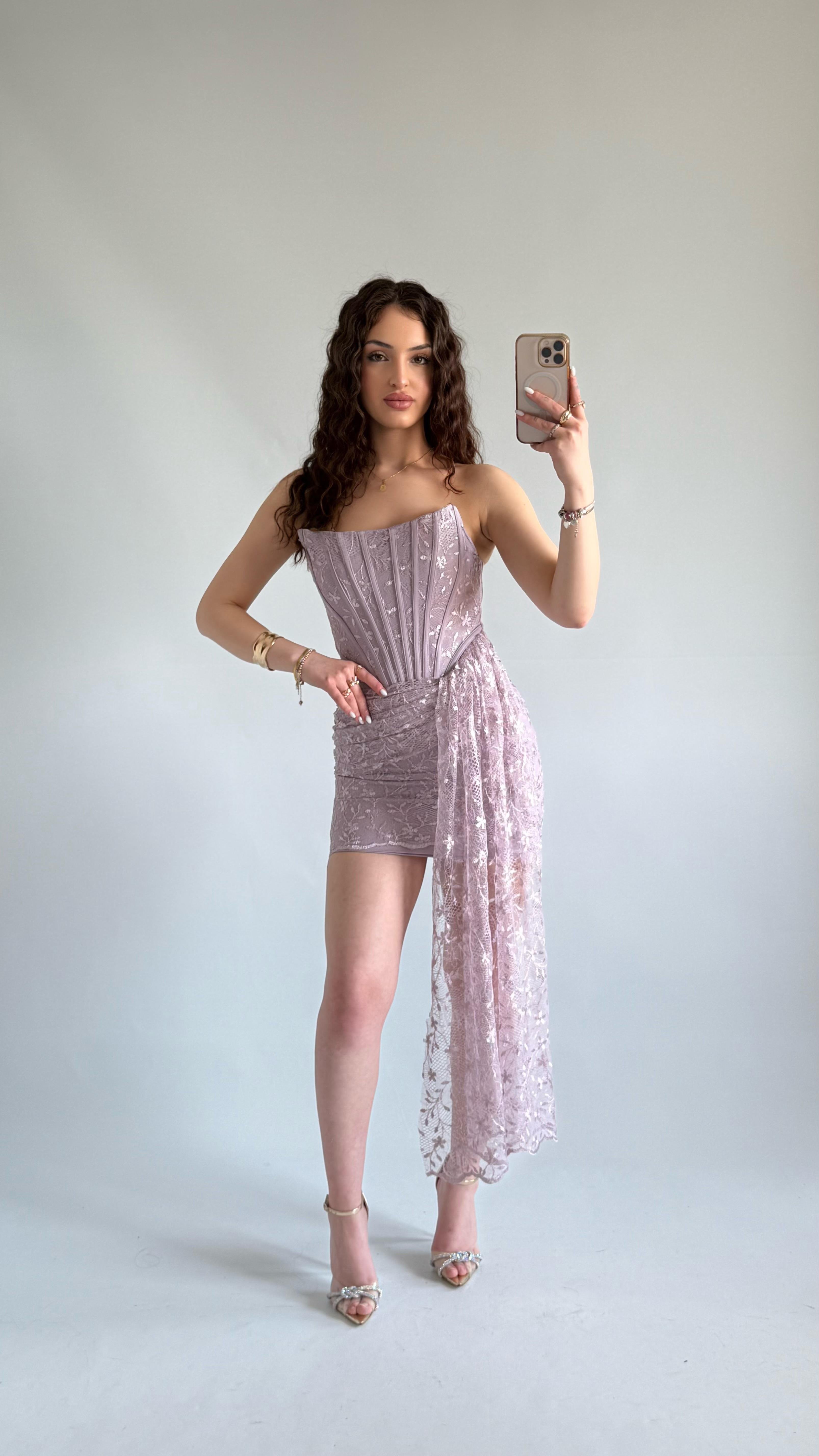 Victoria Dantel Mini Abiye Lila