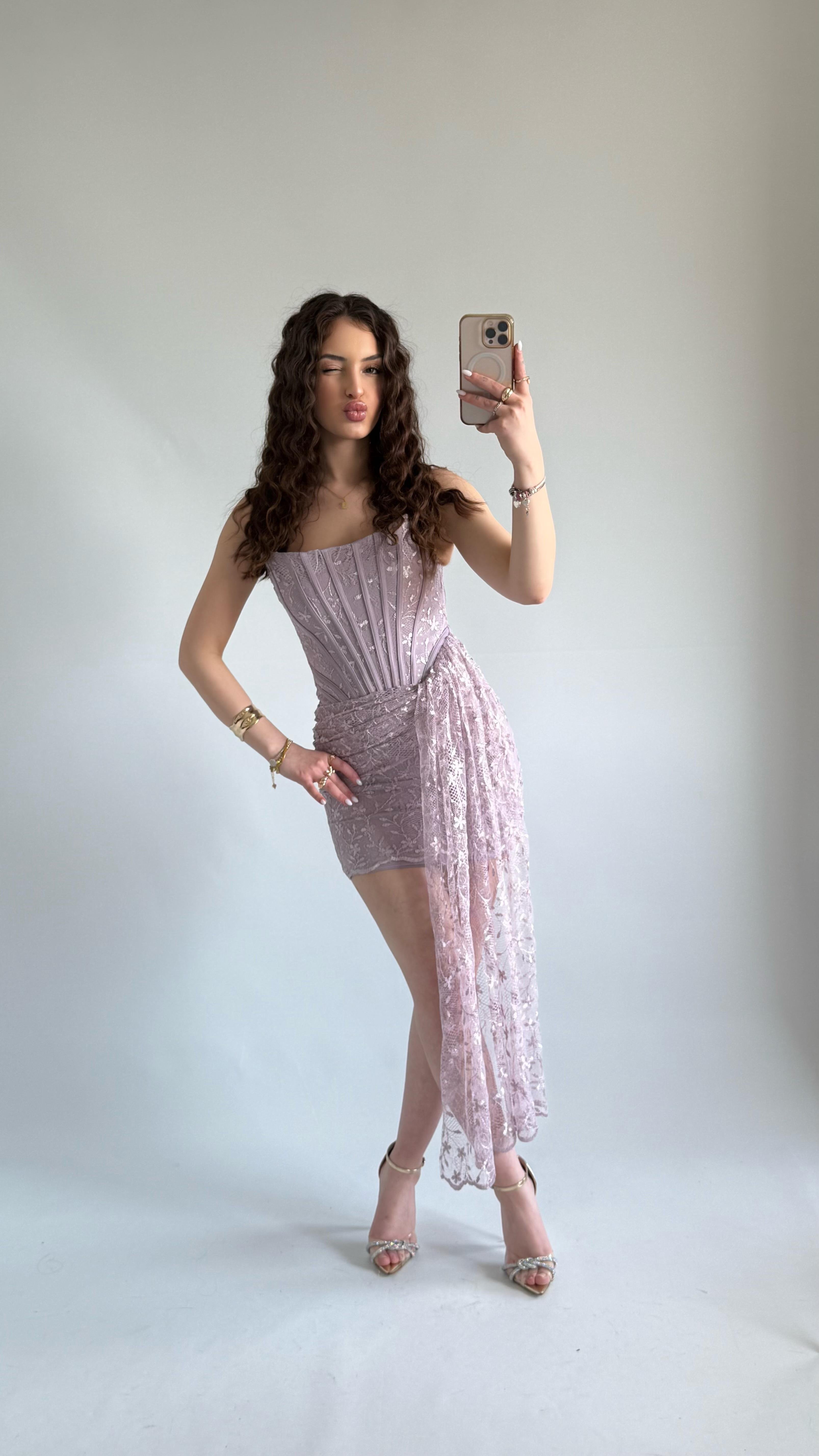 Victoria Dantel Mini Abiye Lila