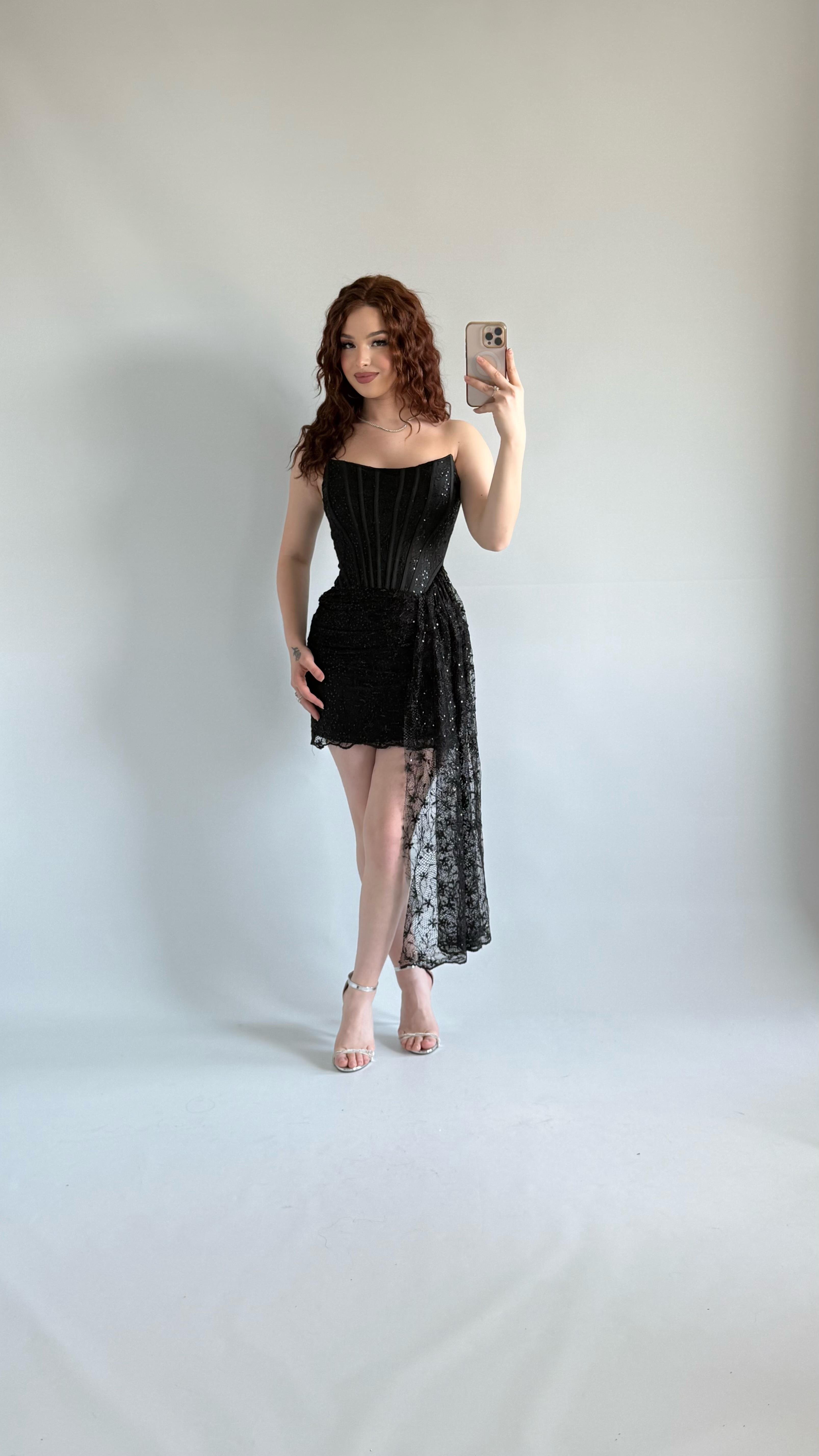 Victoria Dantel Mini Abiye Siyah