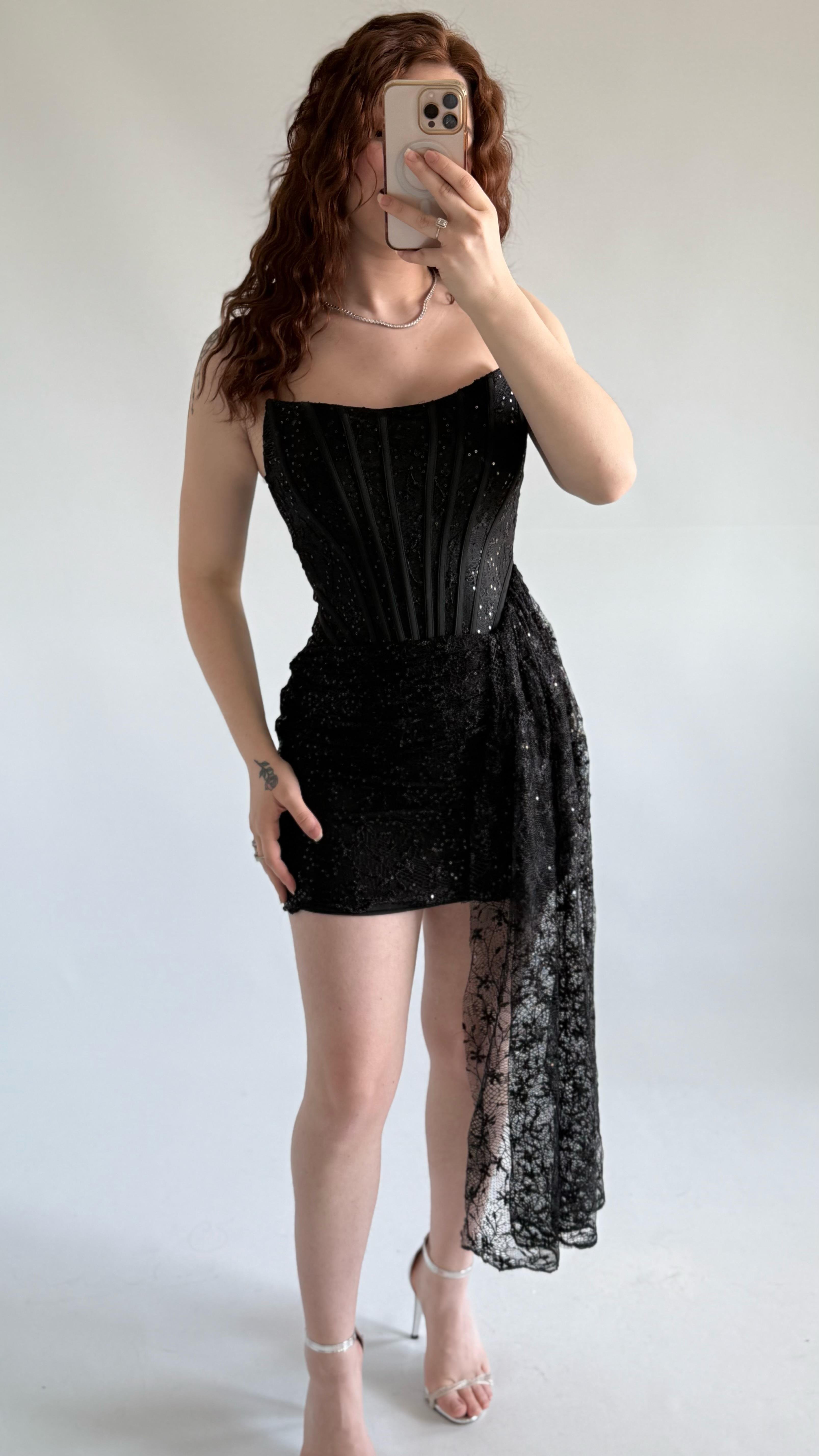 Victoria Dantel Mini Abiye Siyah