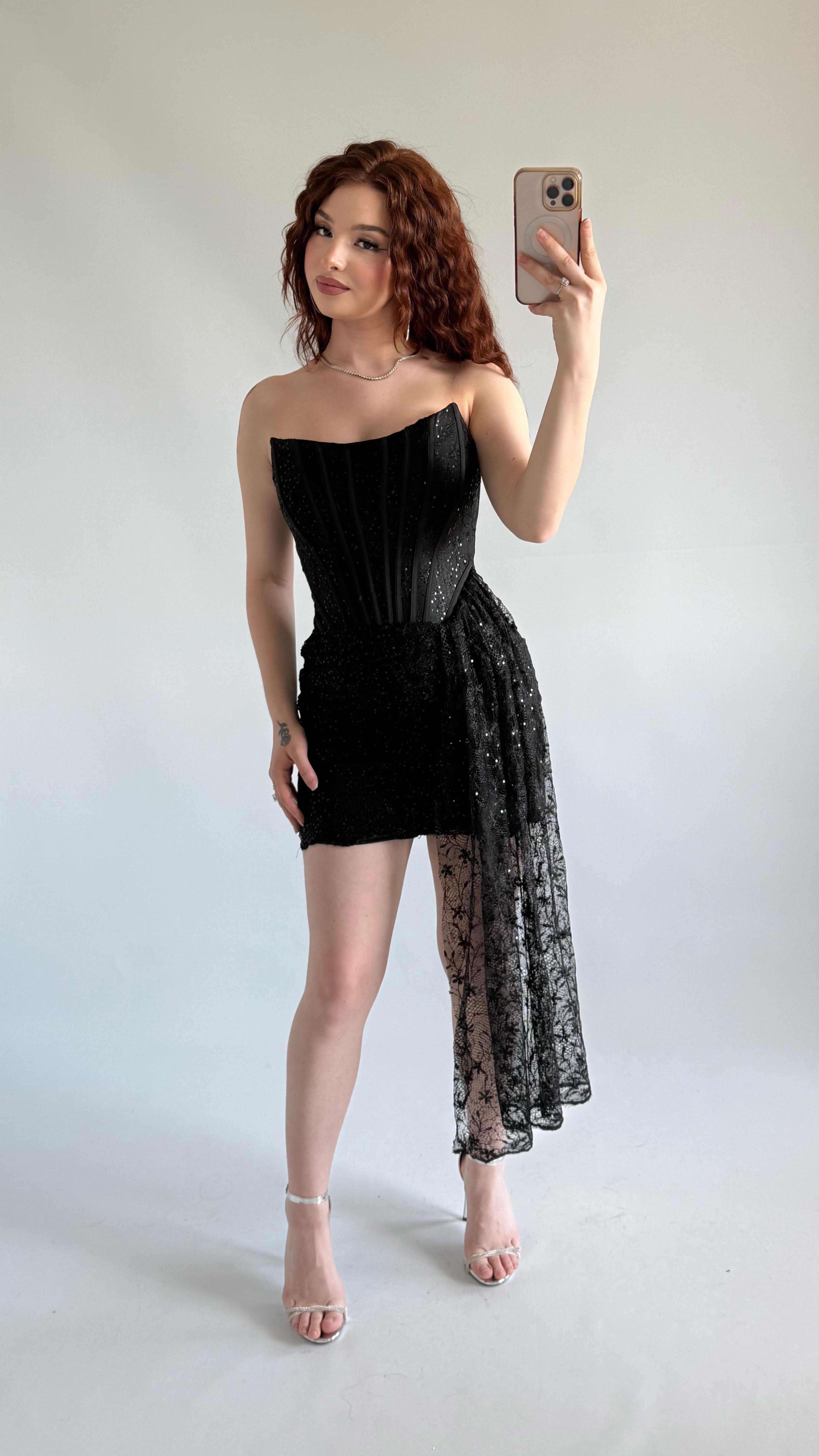 Victoria Dantel Mini Abiye Siyah