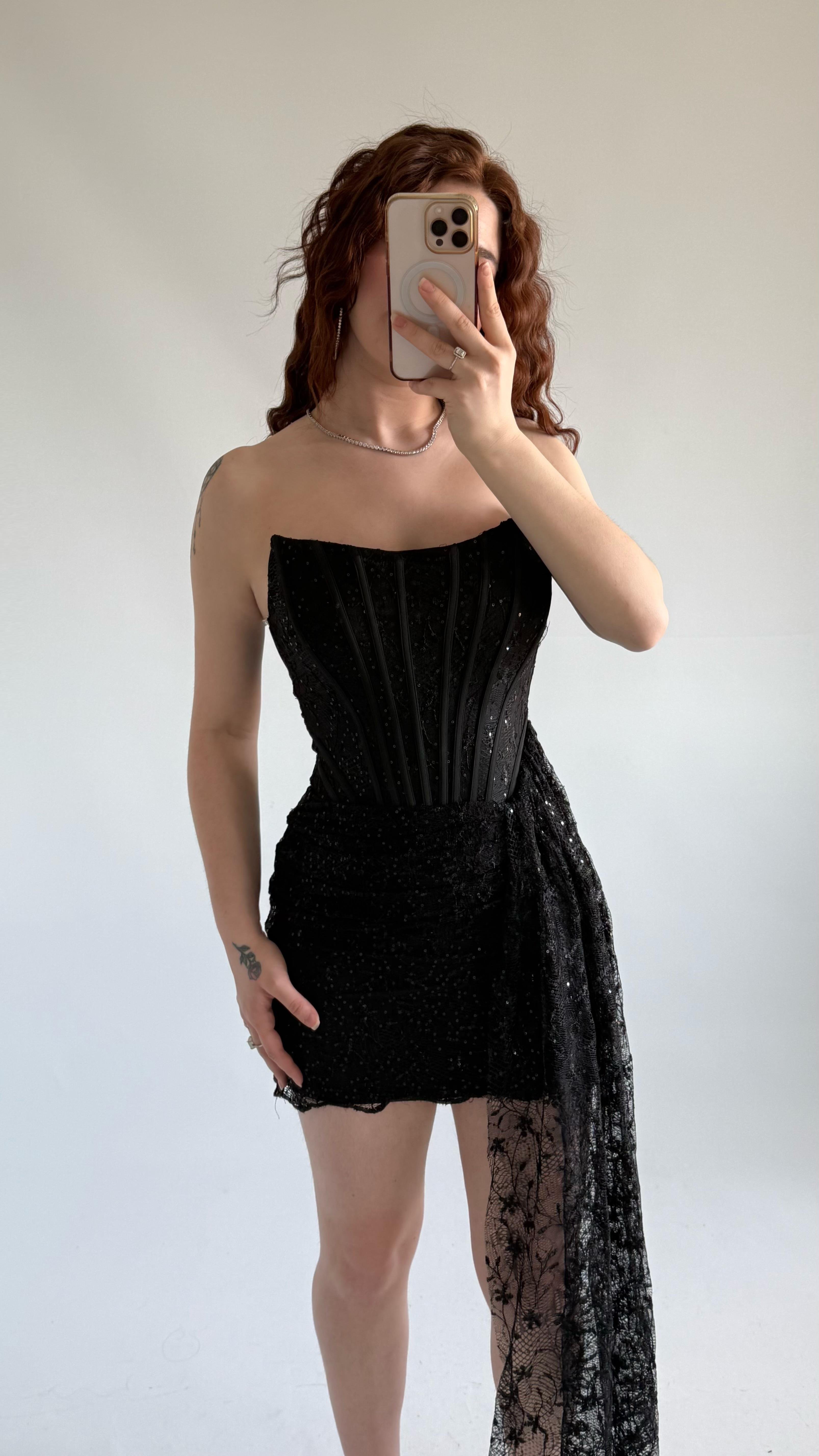 Victoria Dantel Mini Abiye Siyah