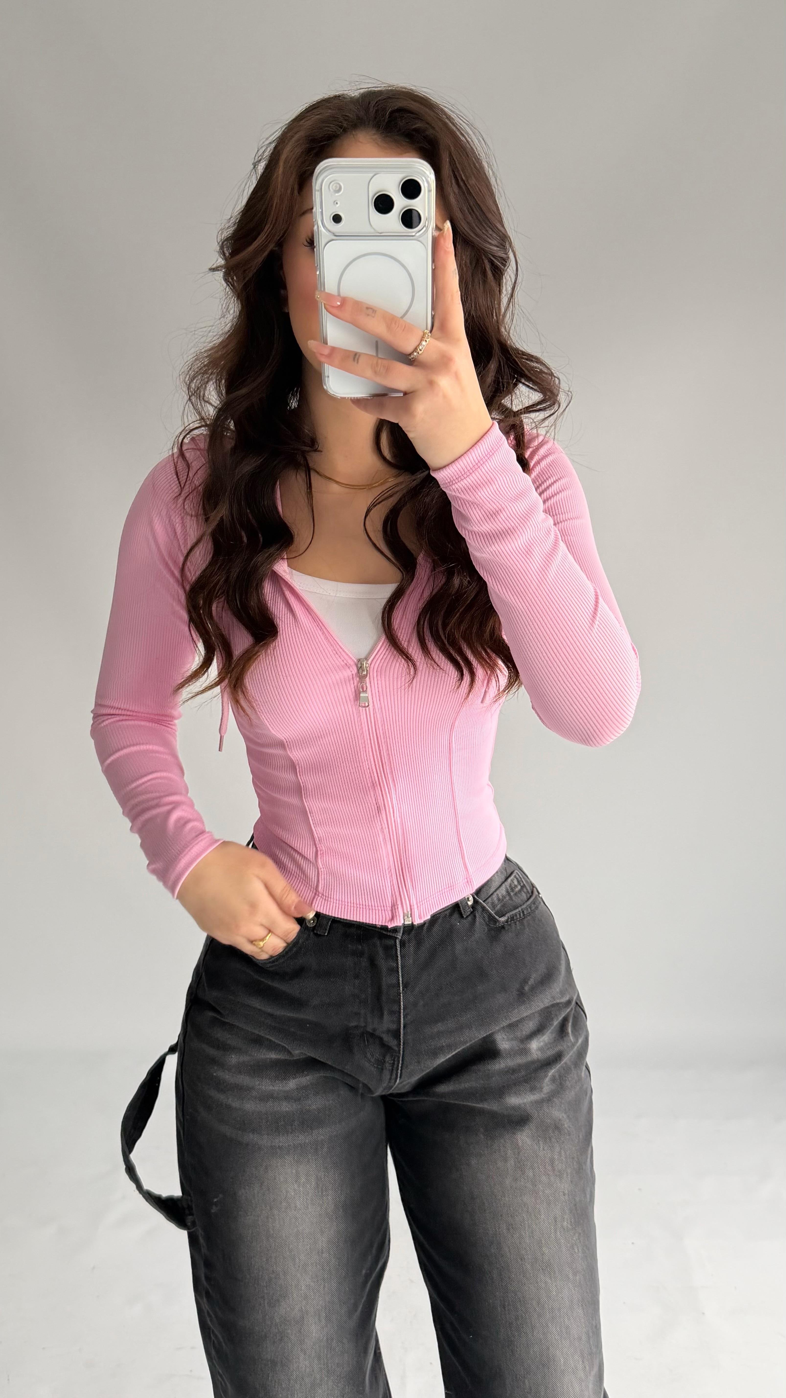 Viton Çizgi Detay Hırka Pembe