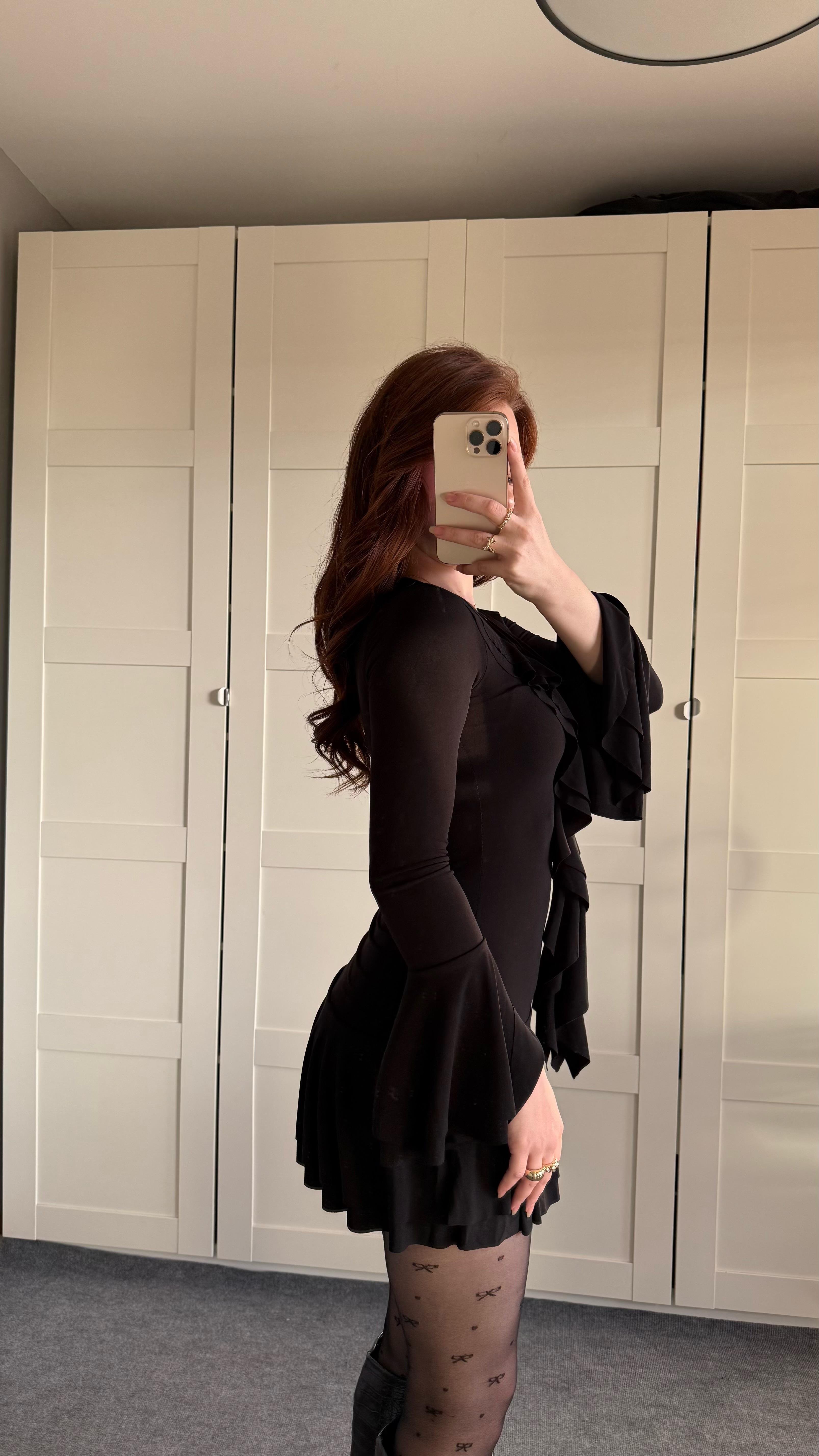 Volanlı Sandy Elbise Siyah 