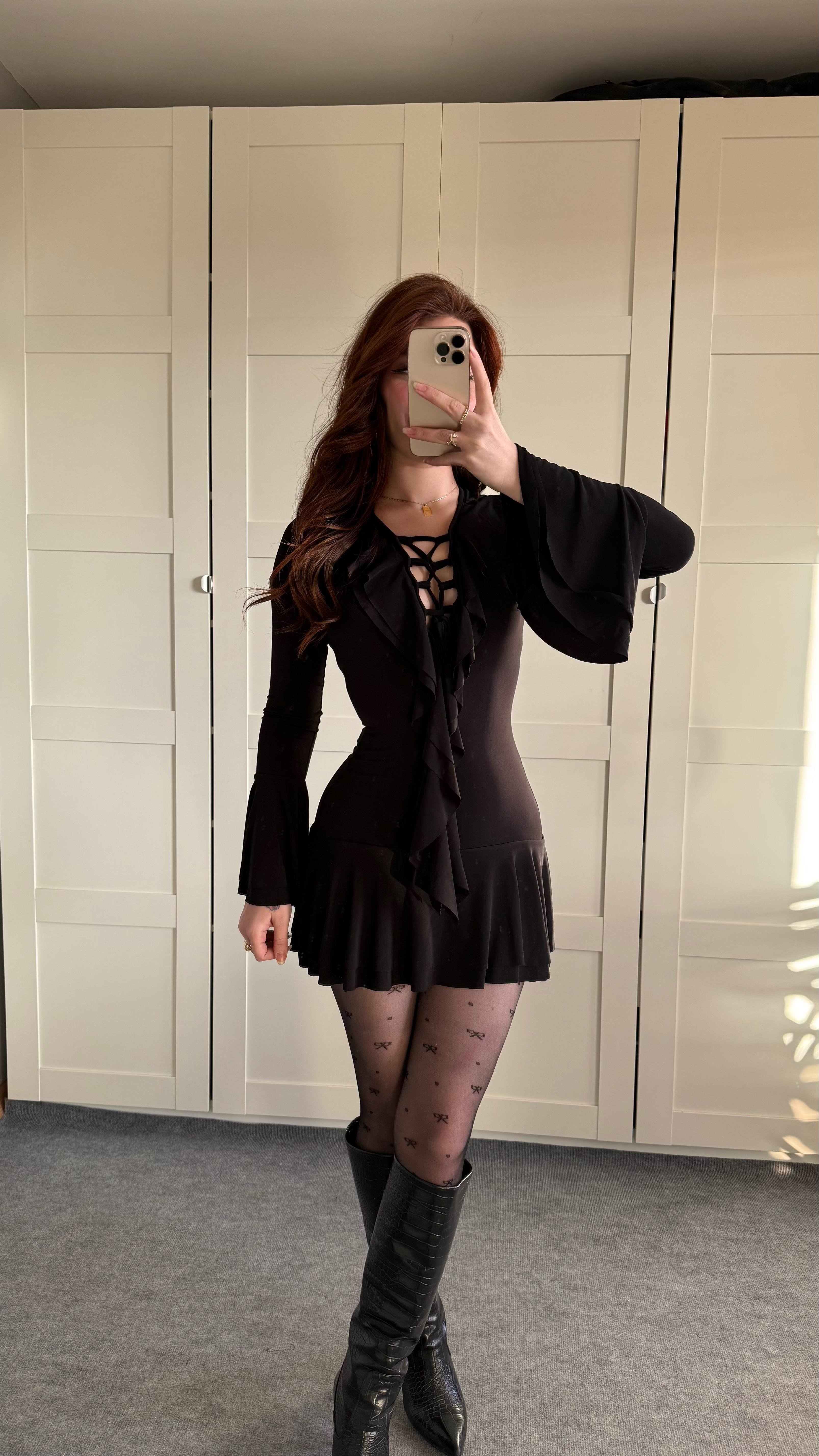 Volanlı Sandy Elbise Siyah 