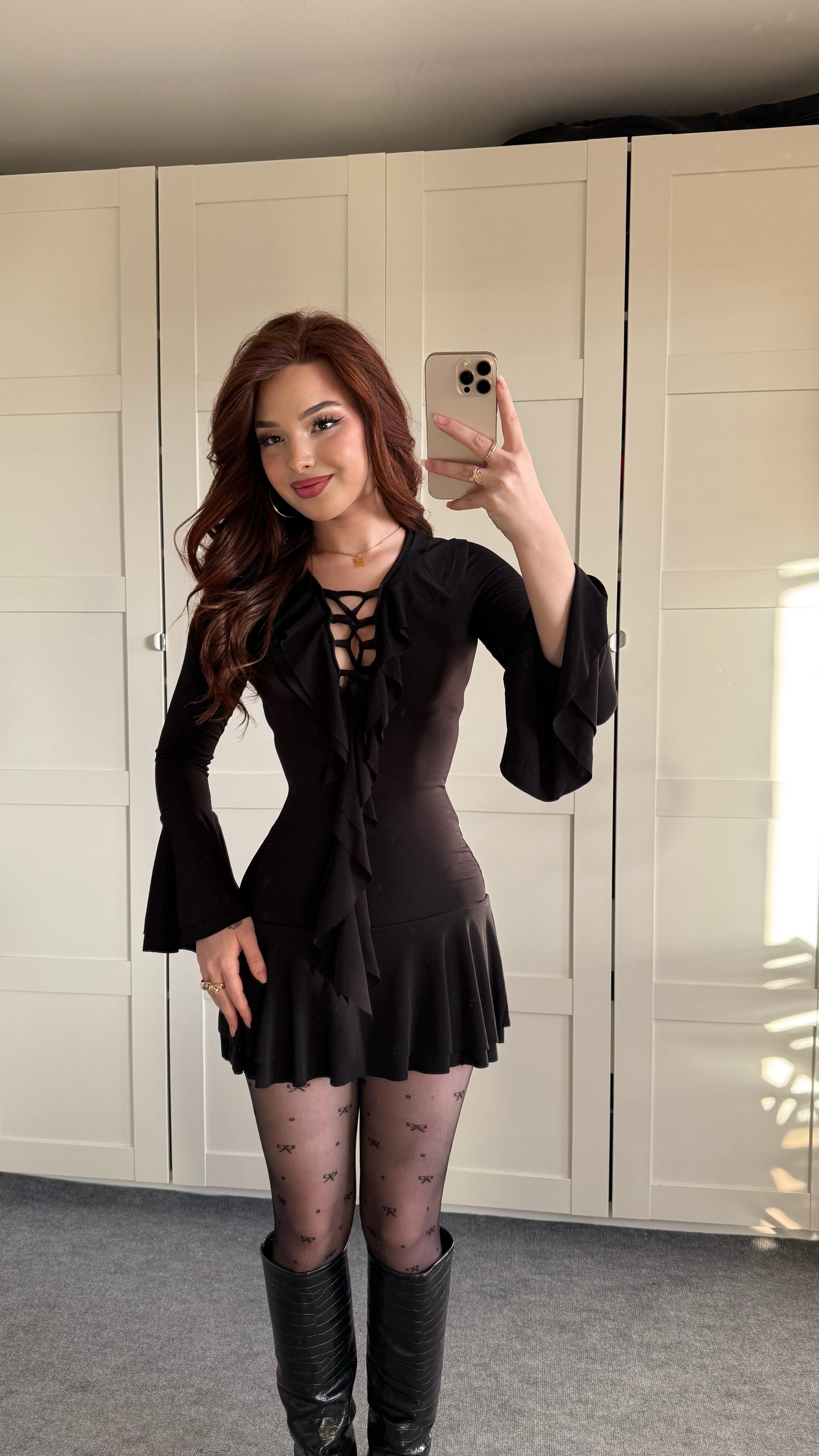 Volanlı Sandy Elbise Siyah 