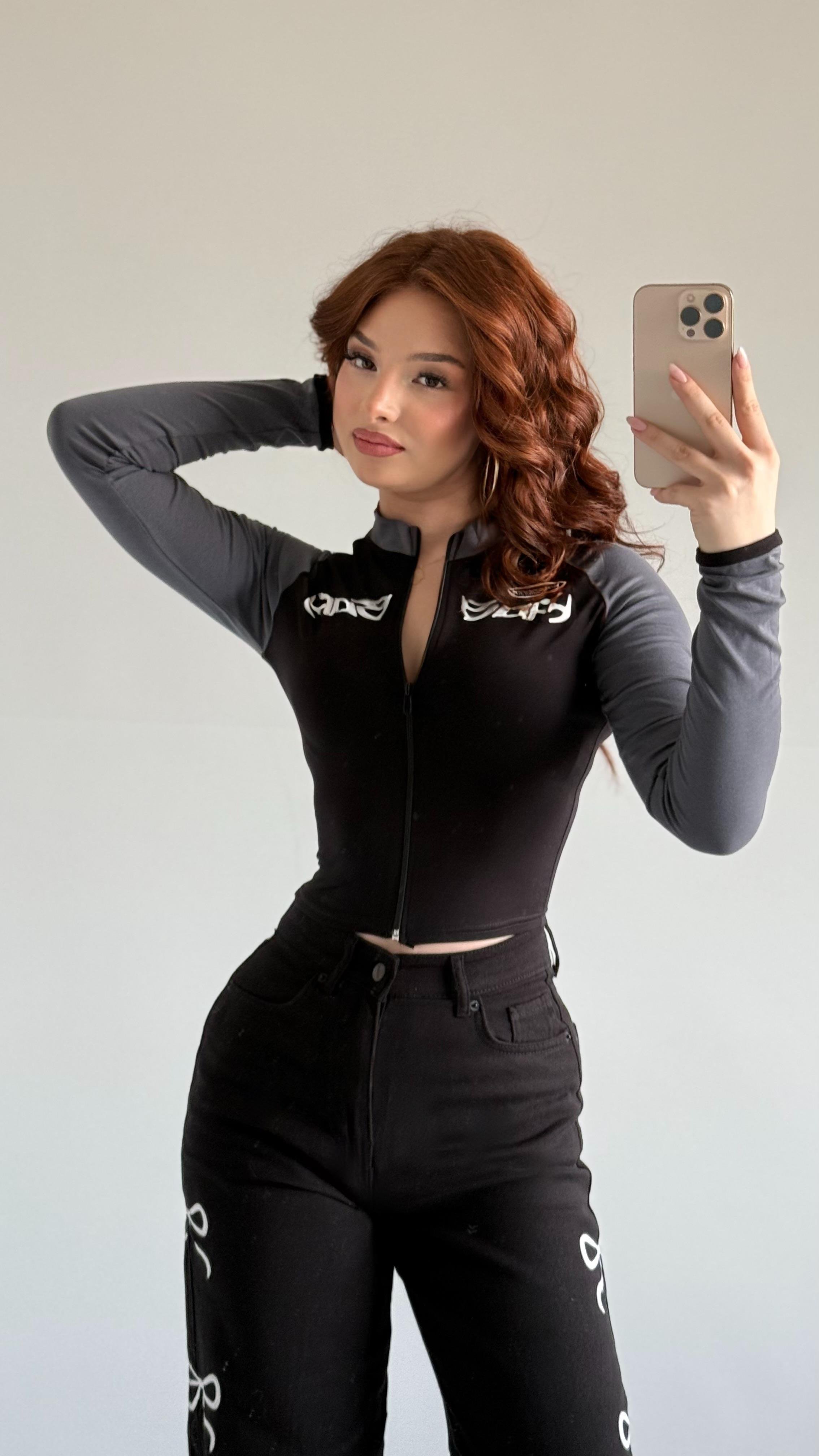 Whatever Fermuarlı Crop Gri