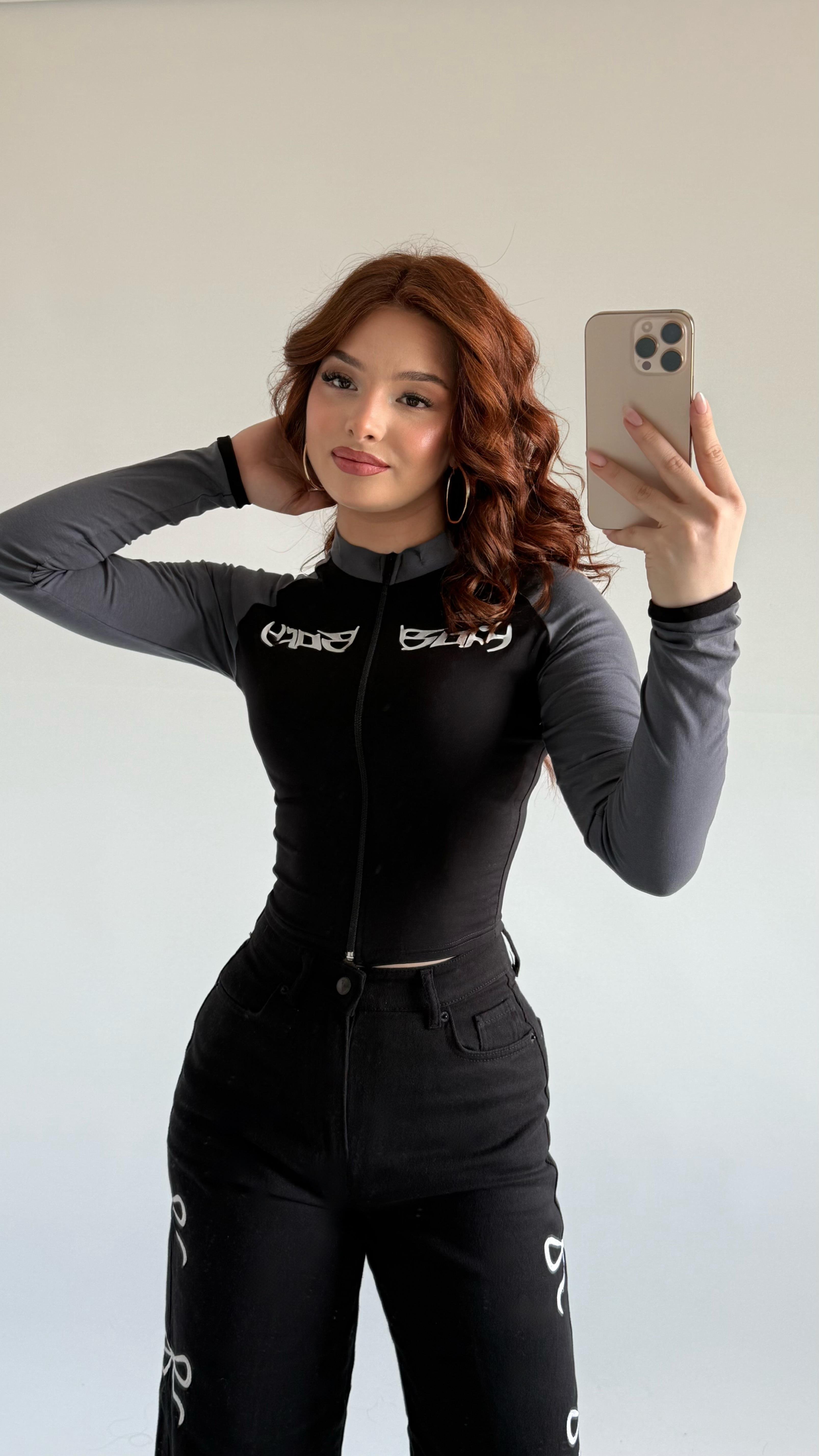 Whatever Fermuarlı Crop Gri