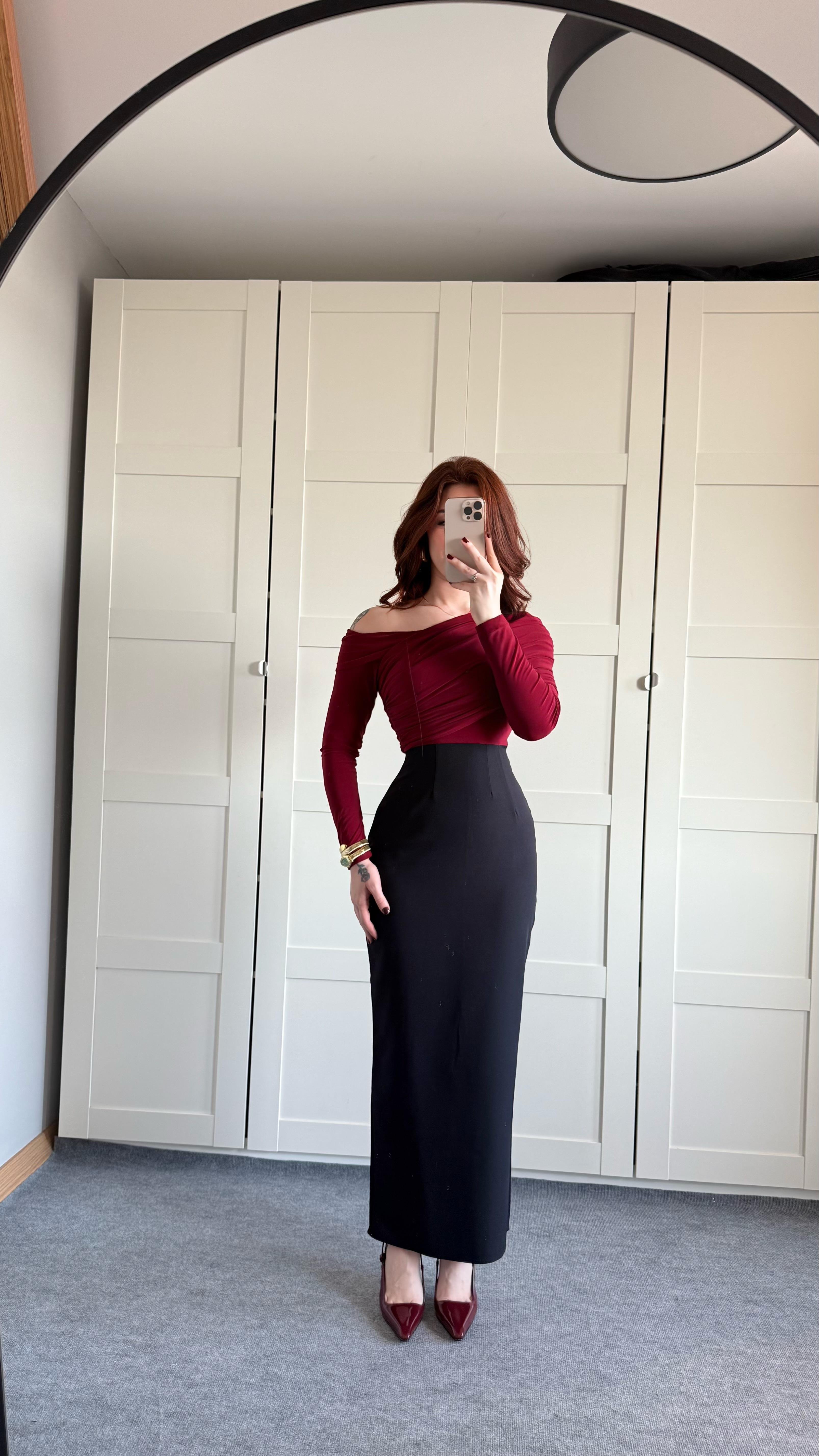 Yaka Büzgülü Midi Boy Elbise Bordo