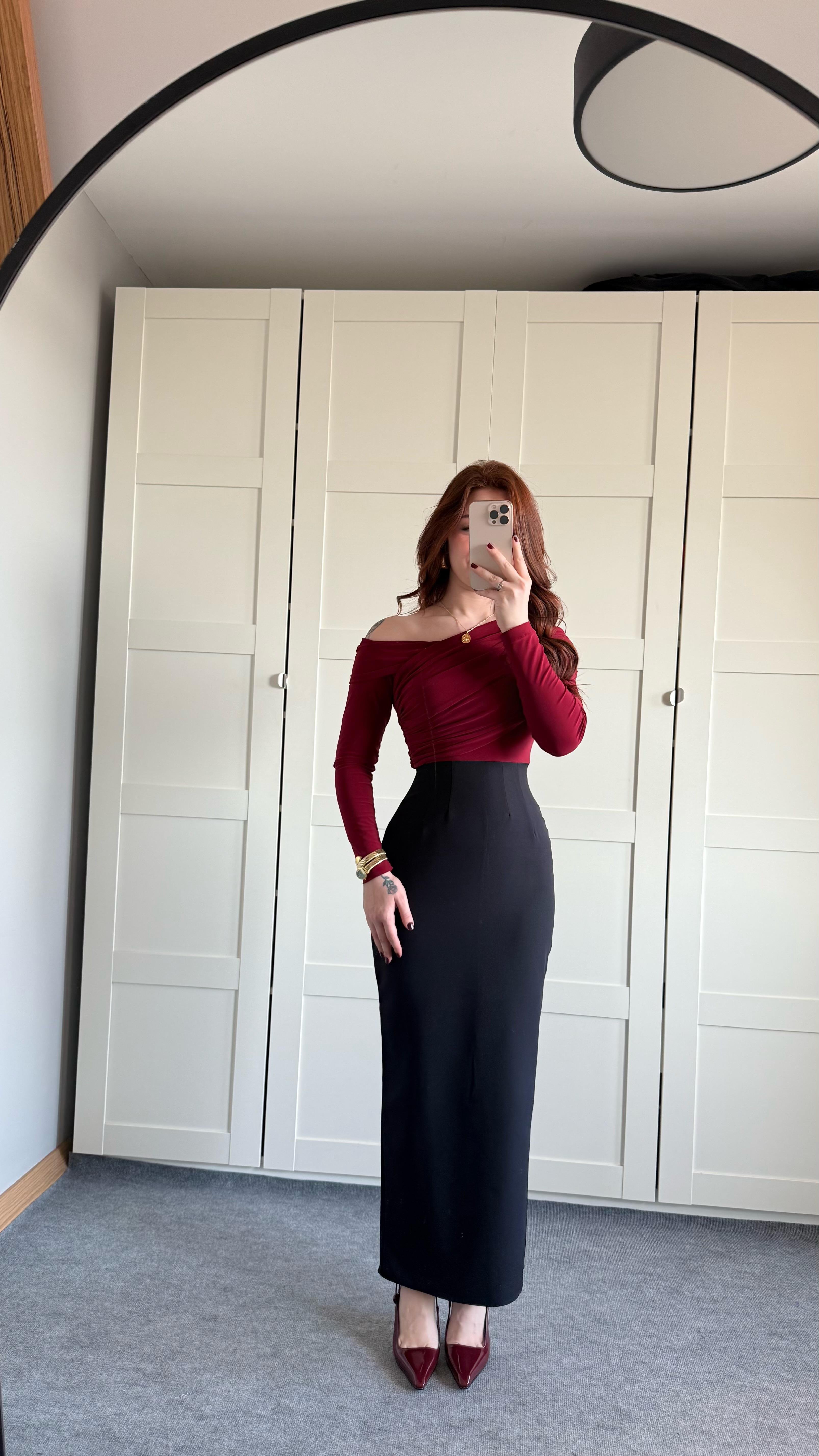 Yaka Büzgülü Midi Boy Elbise Bordo