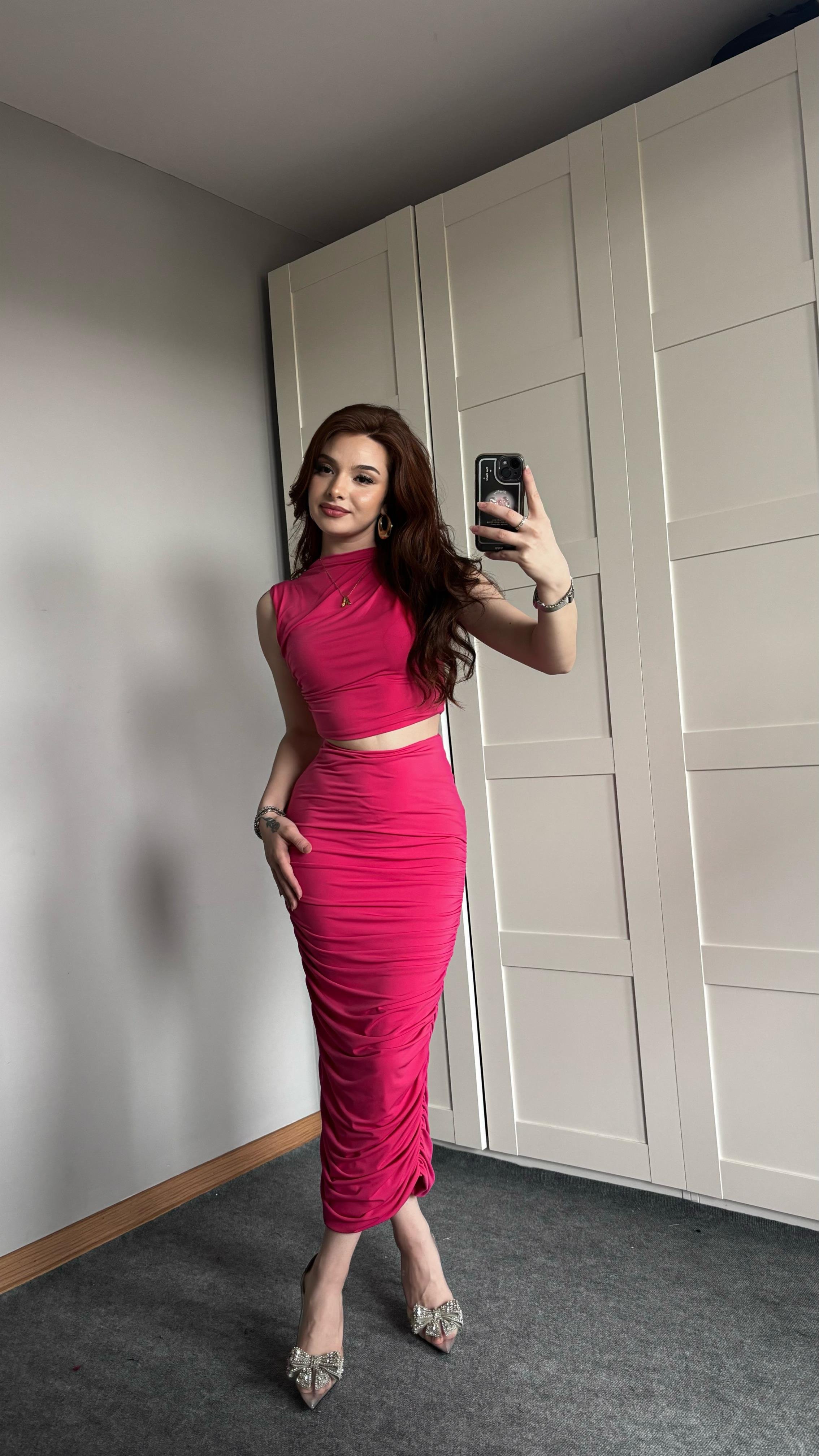 Yandan Drapeli Etek Takım Koyu Pembe