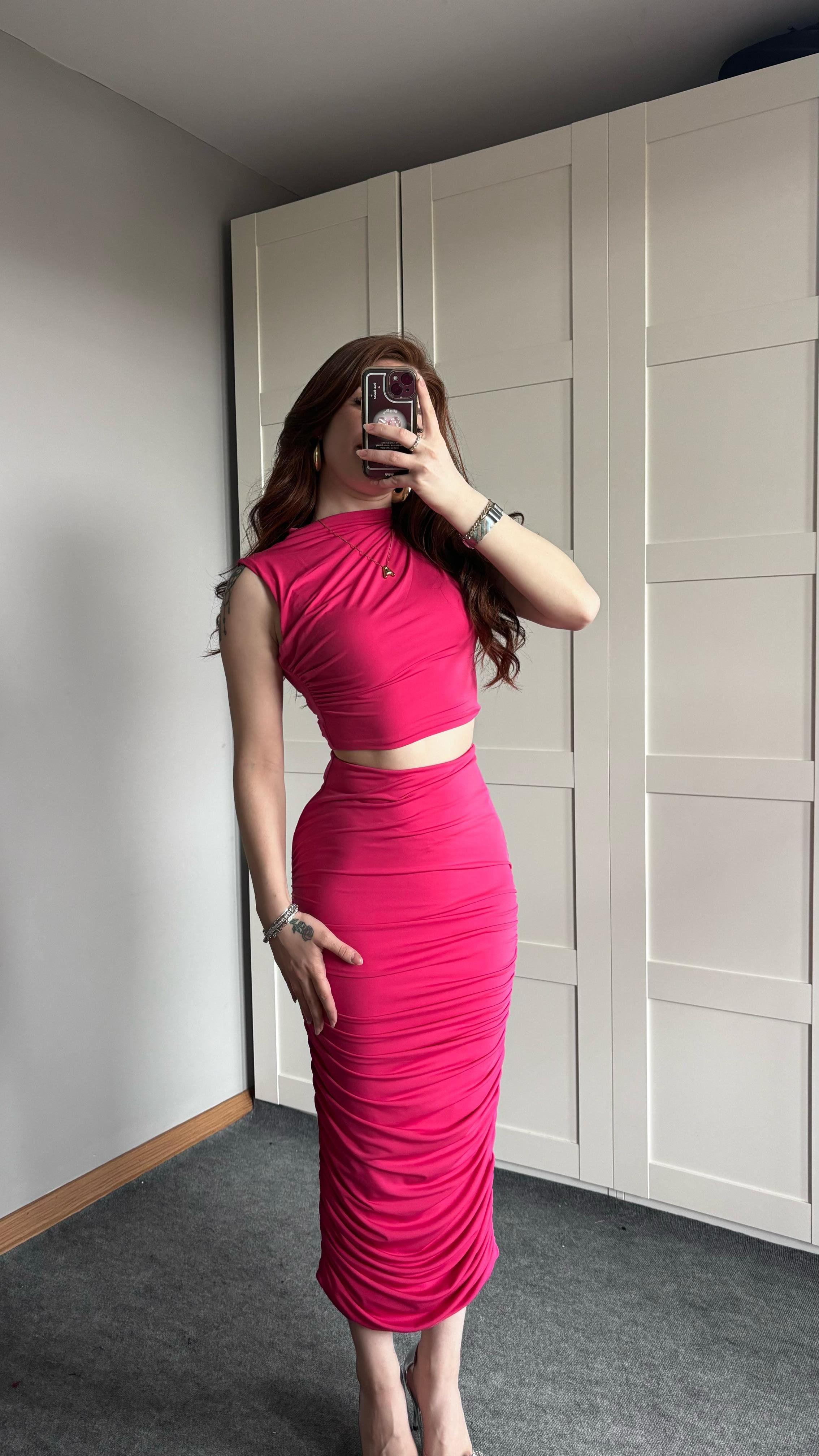 Yandan Drapeli Etek Takım Koyu Pembe