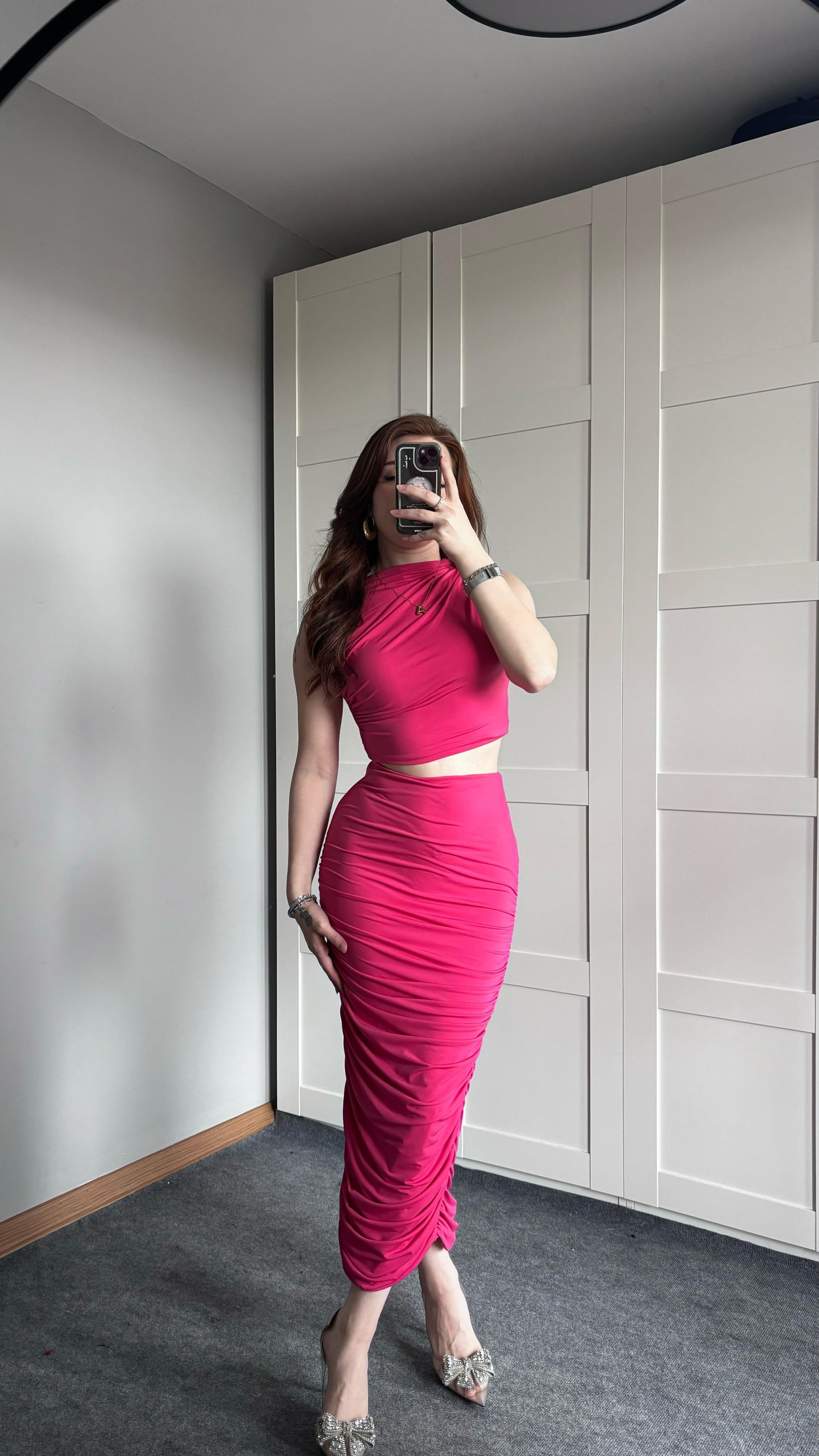 Yandan Drapeli Etek Takım Koyu Pembe