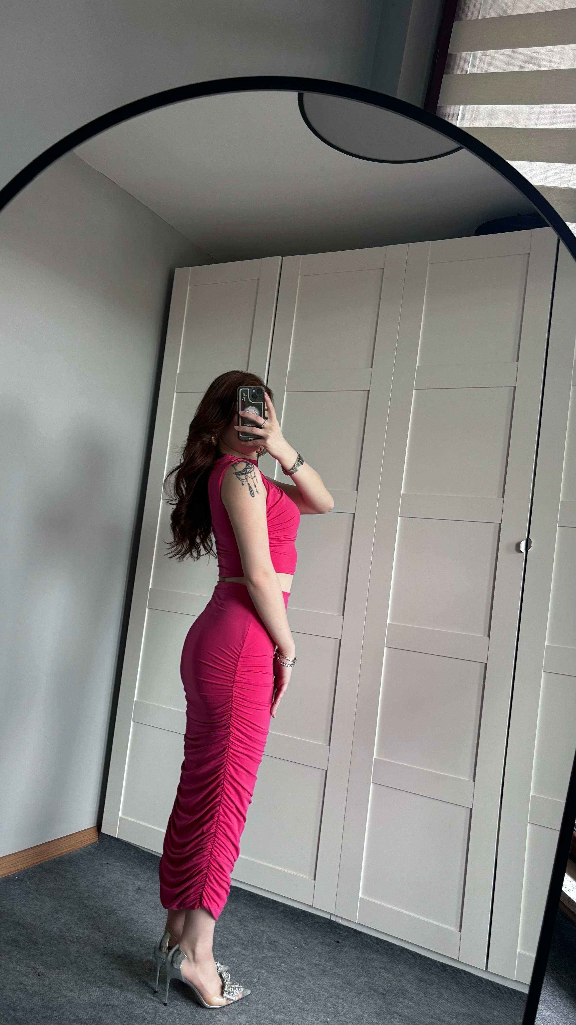 Yandan Drapeli Etek Takım Koyu Pembe