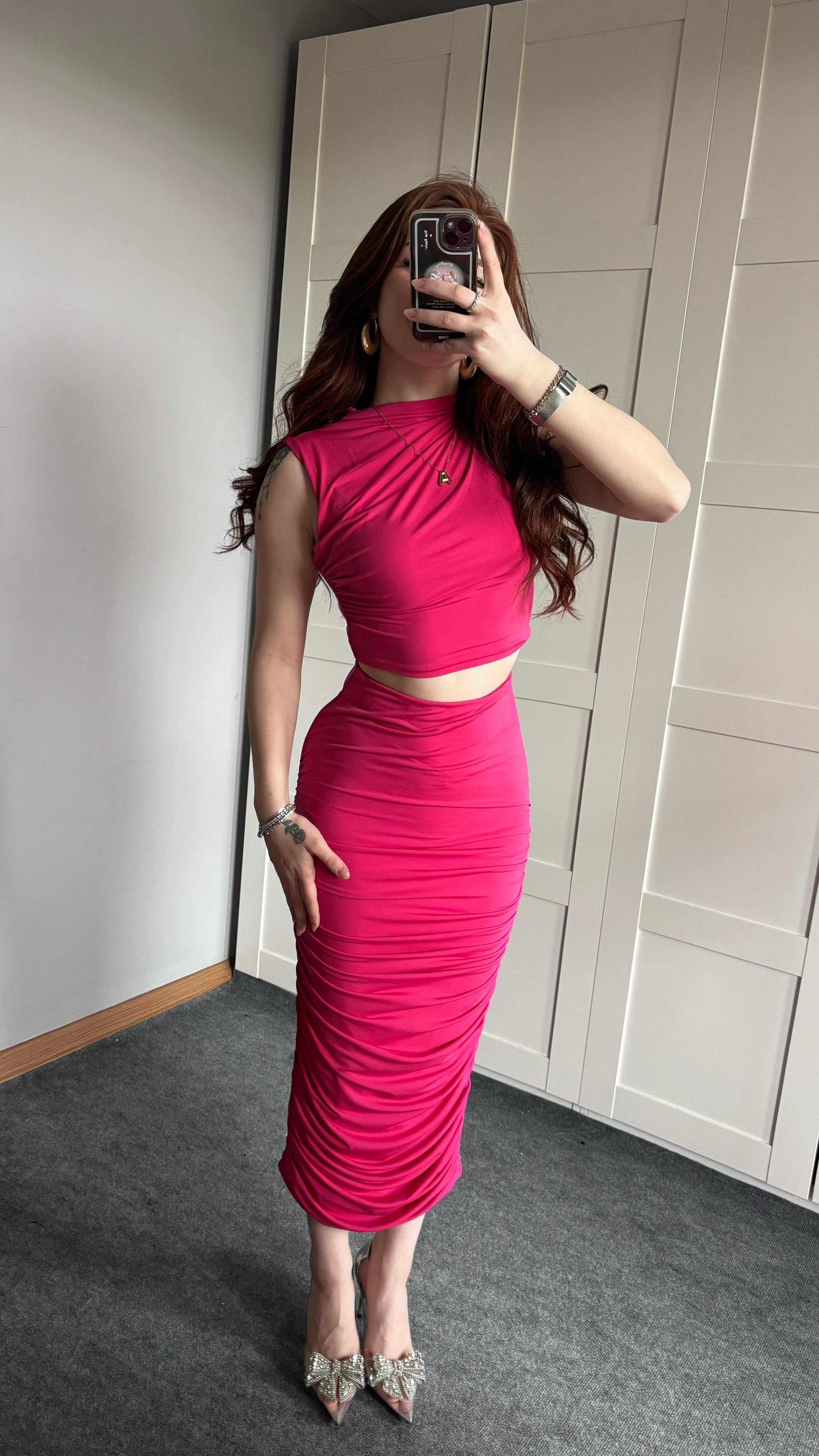 Yandan Drapeli Etek Takım Koyu Pembe