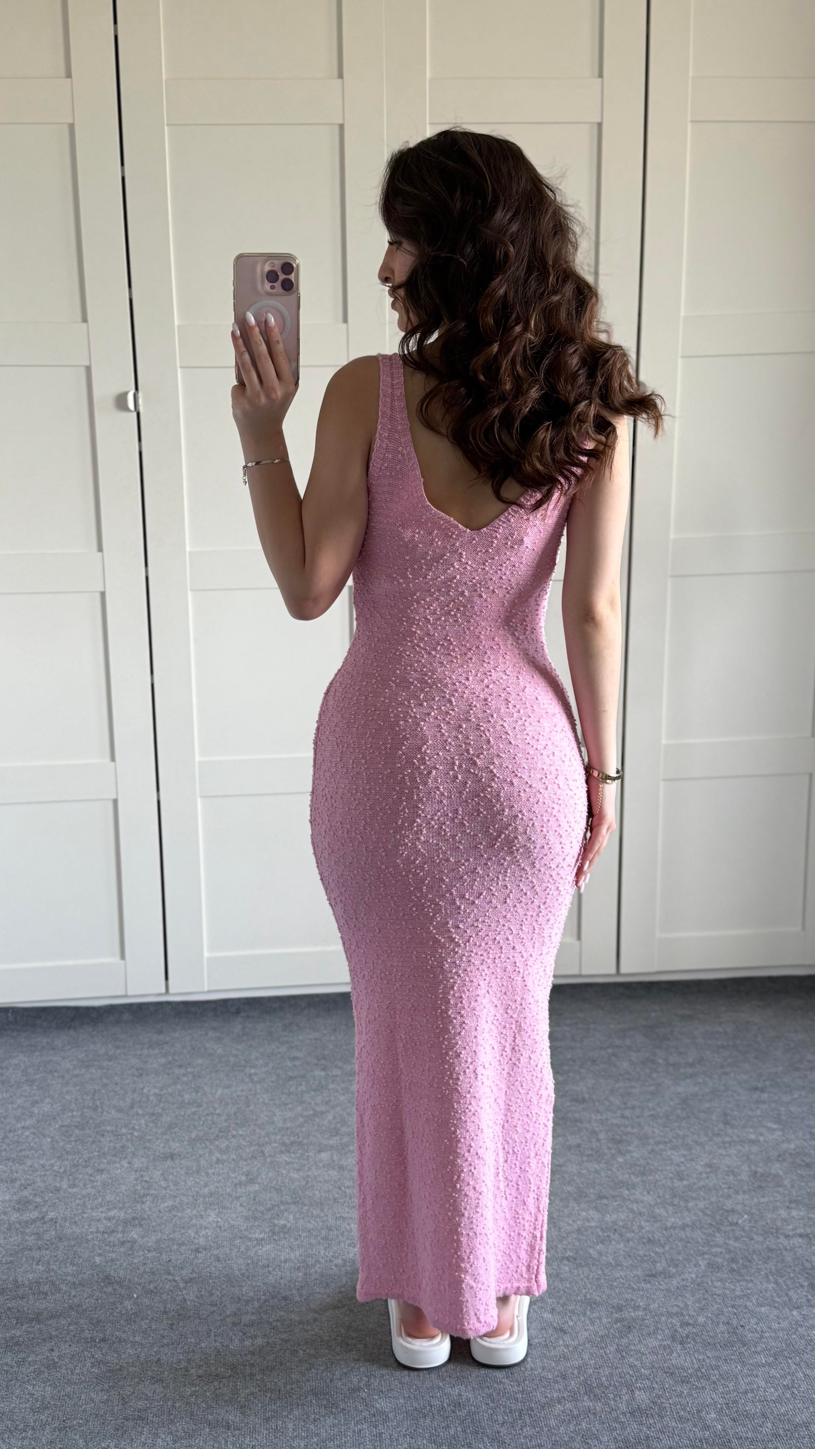 Yazlık Triko V Yaka Elbise Pembe
