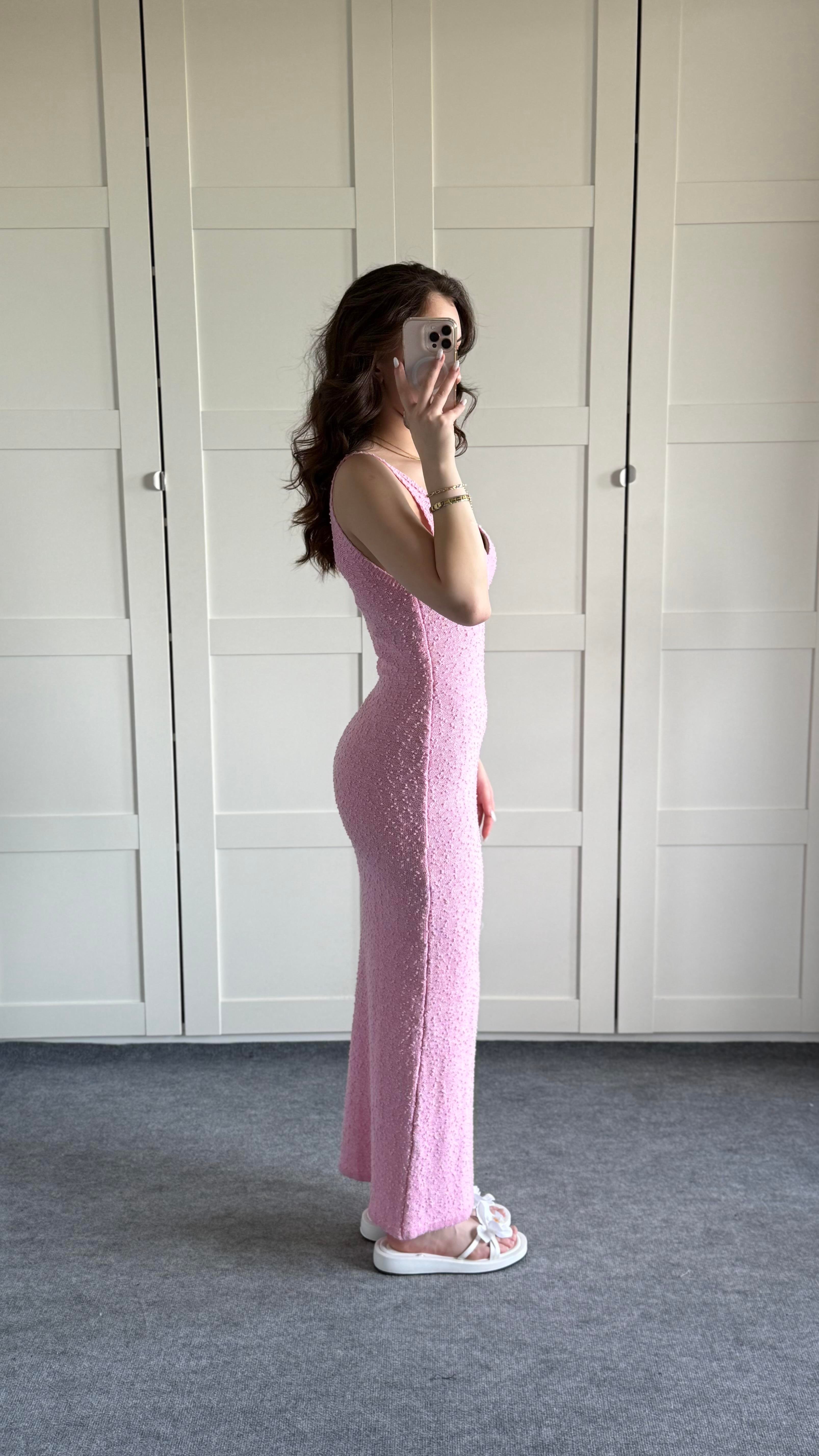 Yazlık Triko V Yaka Elbise Pembe