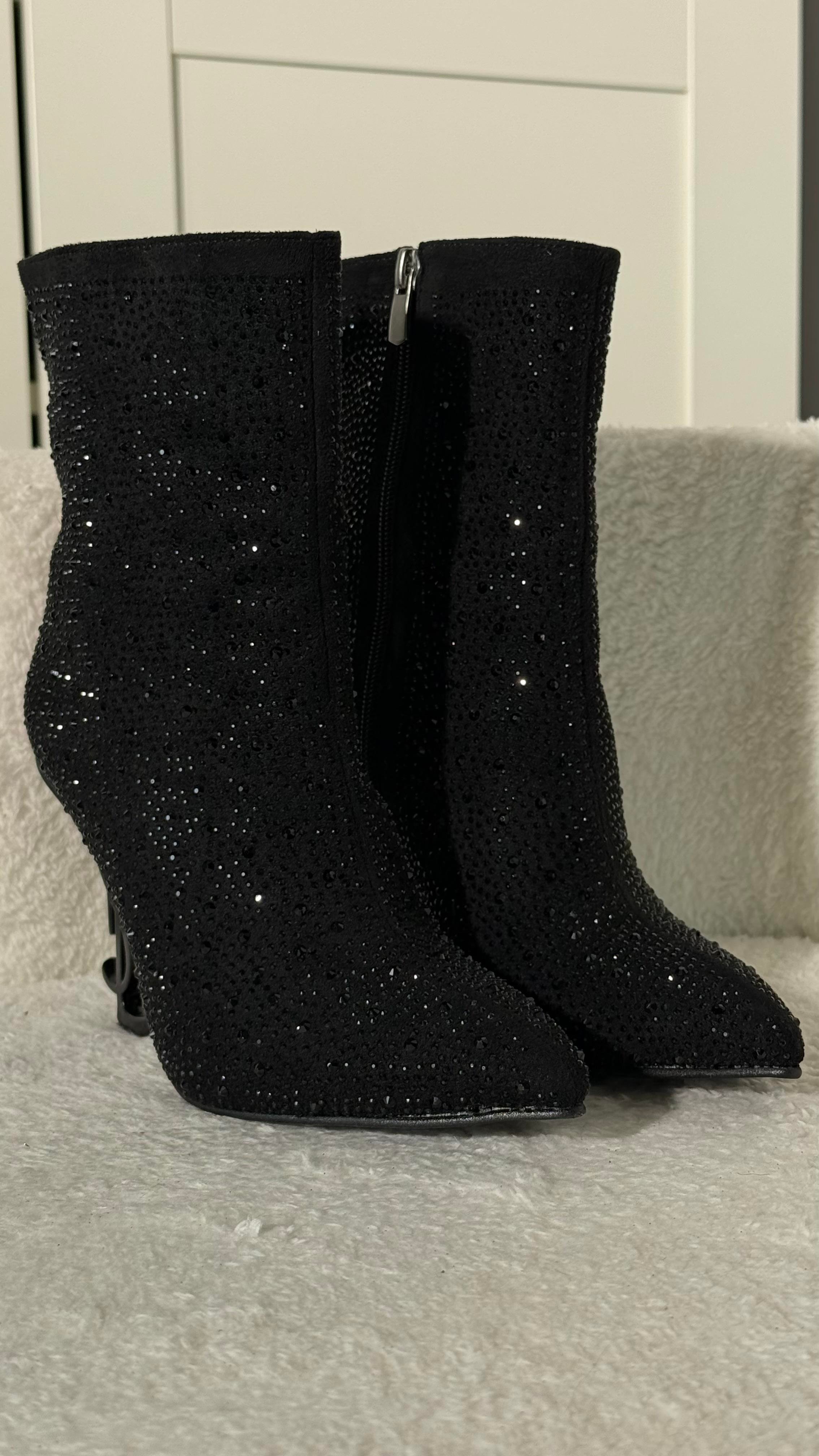 Ysl Taşlı Topuklu Ayakkabı Bot Siyah