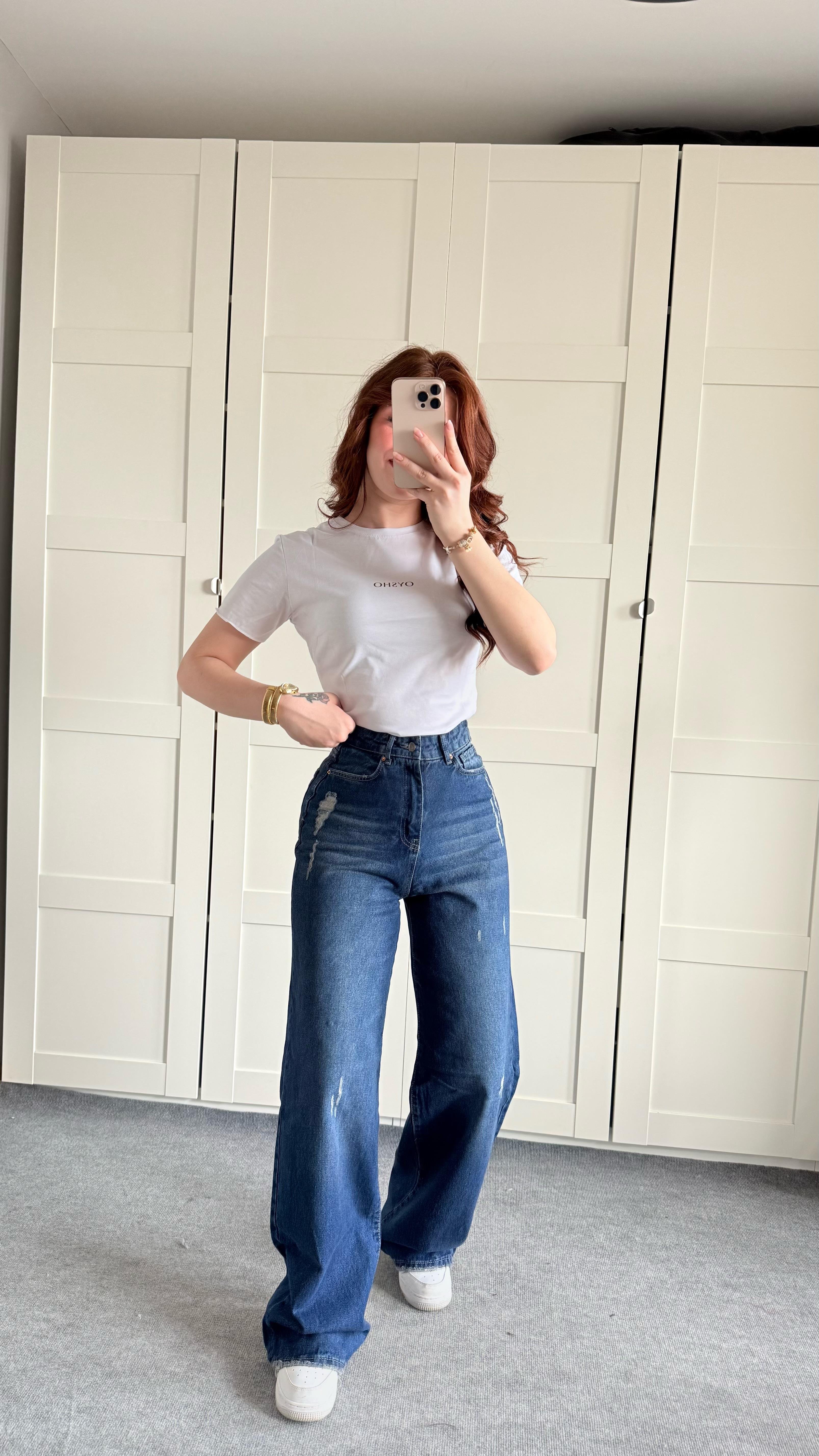 Yüksek Bel Wide Leg Plazzo Jean Koyu Mavi